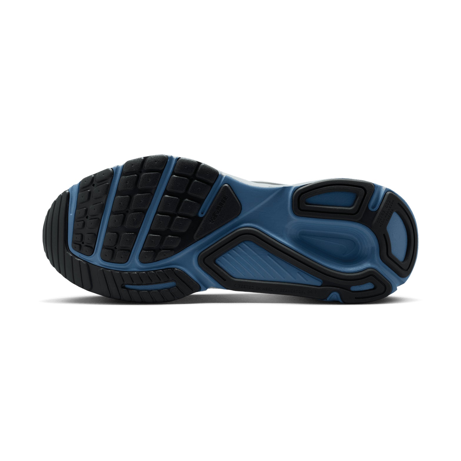 Nike Structure Plus men's running shoe in Grey Fog / Medium Ash / Summit White — outsole view showing dual-rubber design with soft forefoot flexibility and high-abrasion heel durability, medium ash double-stacked ZoomX ReactX foam midsole stack profile
