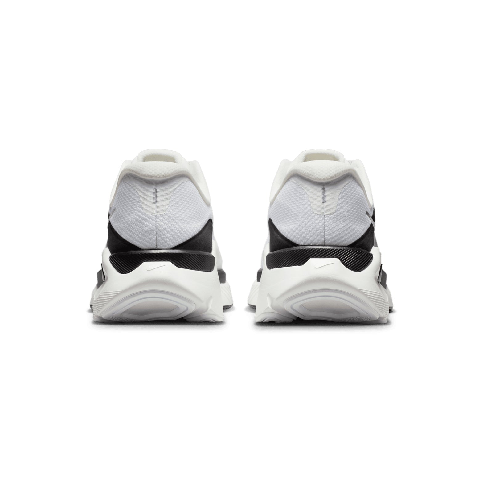 Men's Nike Structure Plus Running Shoes Summit White Black Metallic Silver heel view showing ZoomX and ReactX foam stack with reflective details for visibility