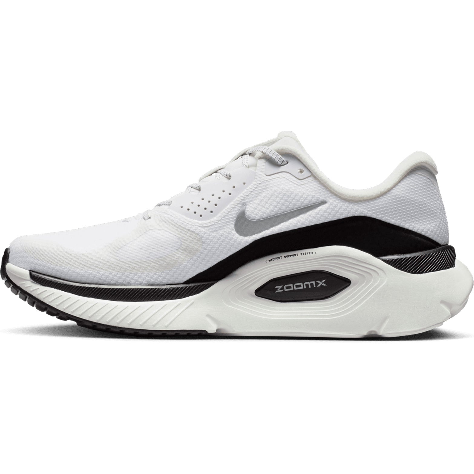Men's Nike Structure Plus Running Shoes Summit White Black Metallic Silver inner side view showing midfoot support system with dual-foam cushioning for stable transitions