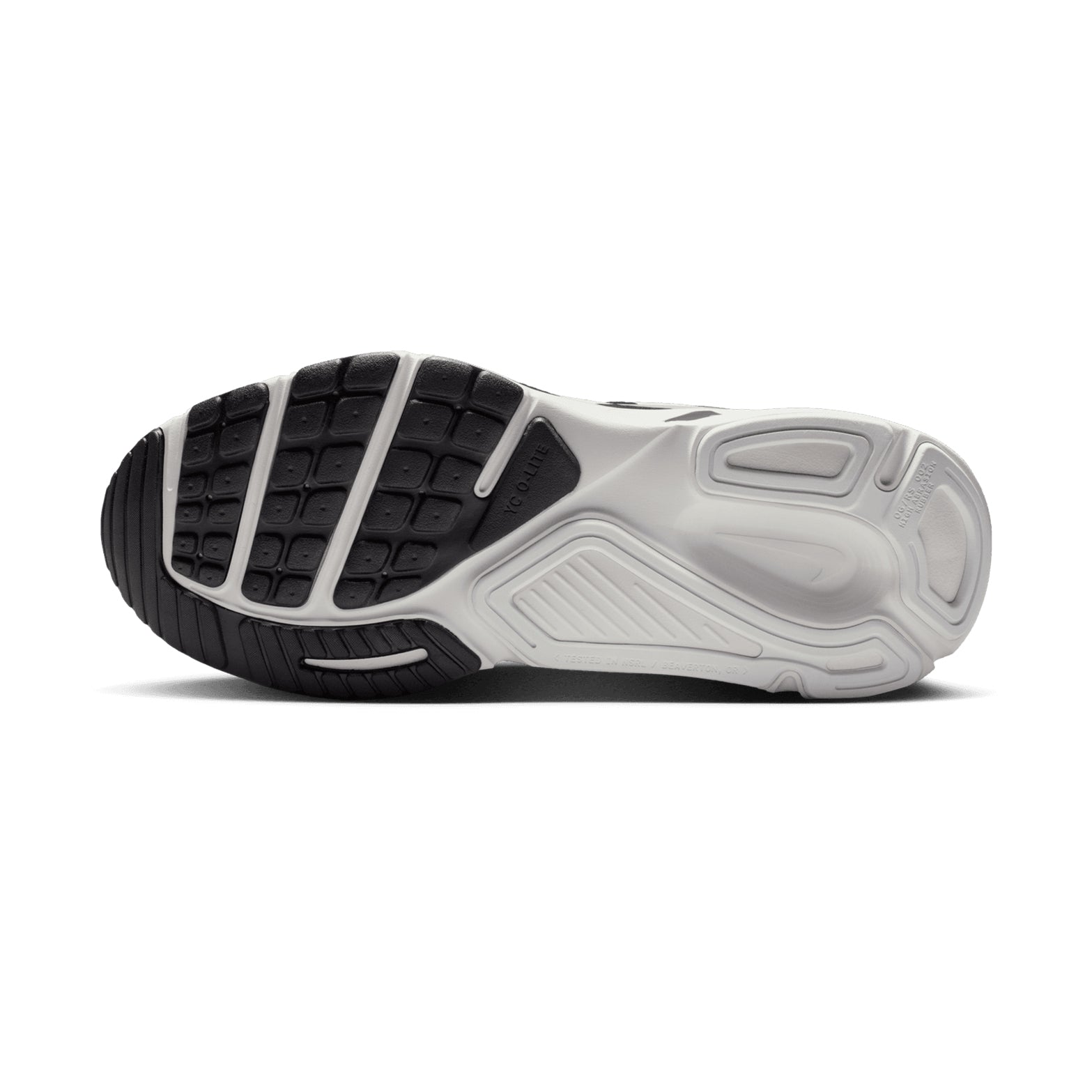 Men's Nike Structure Plus Running Shoes Summit White Black Metallic Silver sole view displaying dual-rubber outsole with soft forefoot rubber and high-abrasion heel rubber