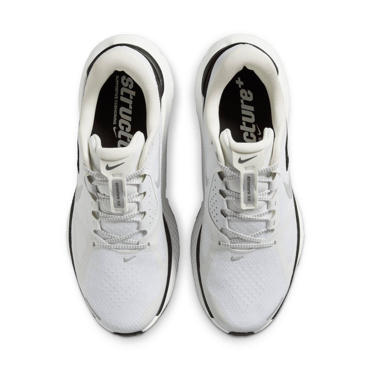 Men's Nike Structure Plus Running Shoes Summit White Black Metallic Silver top view showing engineered mesh upper with midfoot band and breathable construction