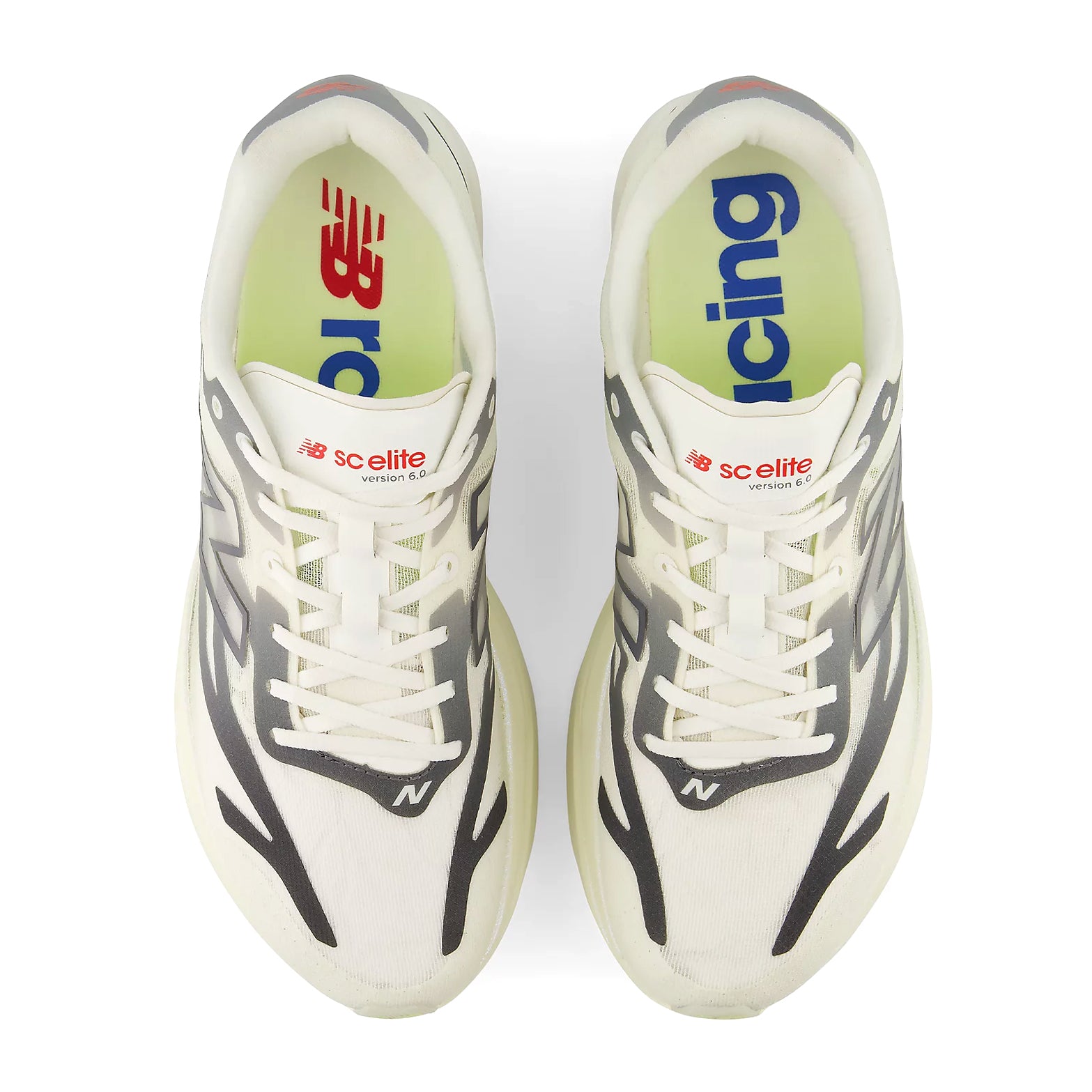 Men's New Balance SuperComp Elite v6 Running Shoes Pistachio Butter Sea Salt top view showing FANTOMFIT translucent mesh upper with printed overlays and reflective N logo for lightweight glove-like race day fit