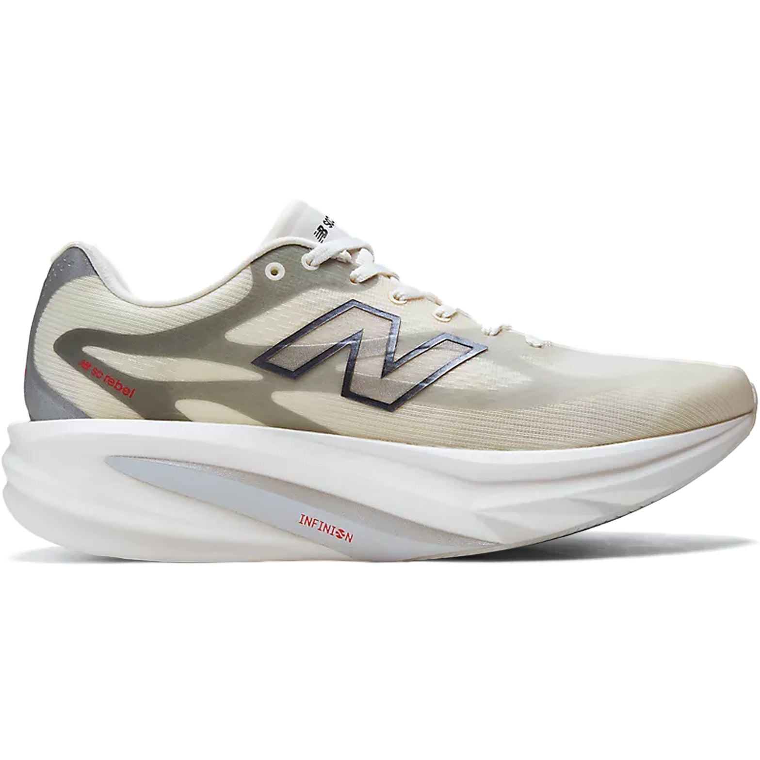 Men's New Balance SuperComp Rebel Running Shoes Angora Slate Grey outer side view showing Infinion foam midsole with precision propulsion plate and rocker profile for energetic daily training and race day performance