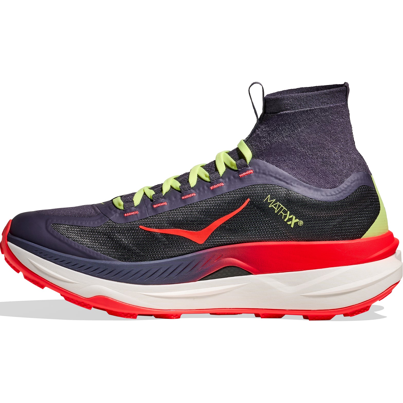 HOKA Tecton X 3 men's trail running shoe in Squid Ink / Neon Flame — inner view showing squid ink Matryx® textile upper, neon flame midsole detailing, dynamic vamp construction and dual-layer PEBA midsole