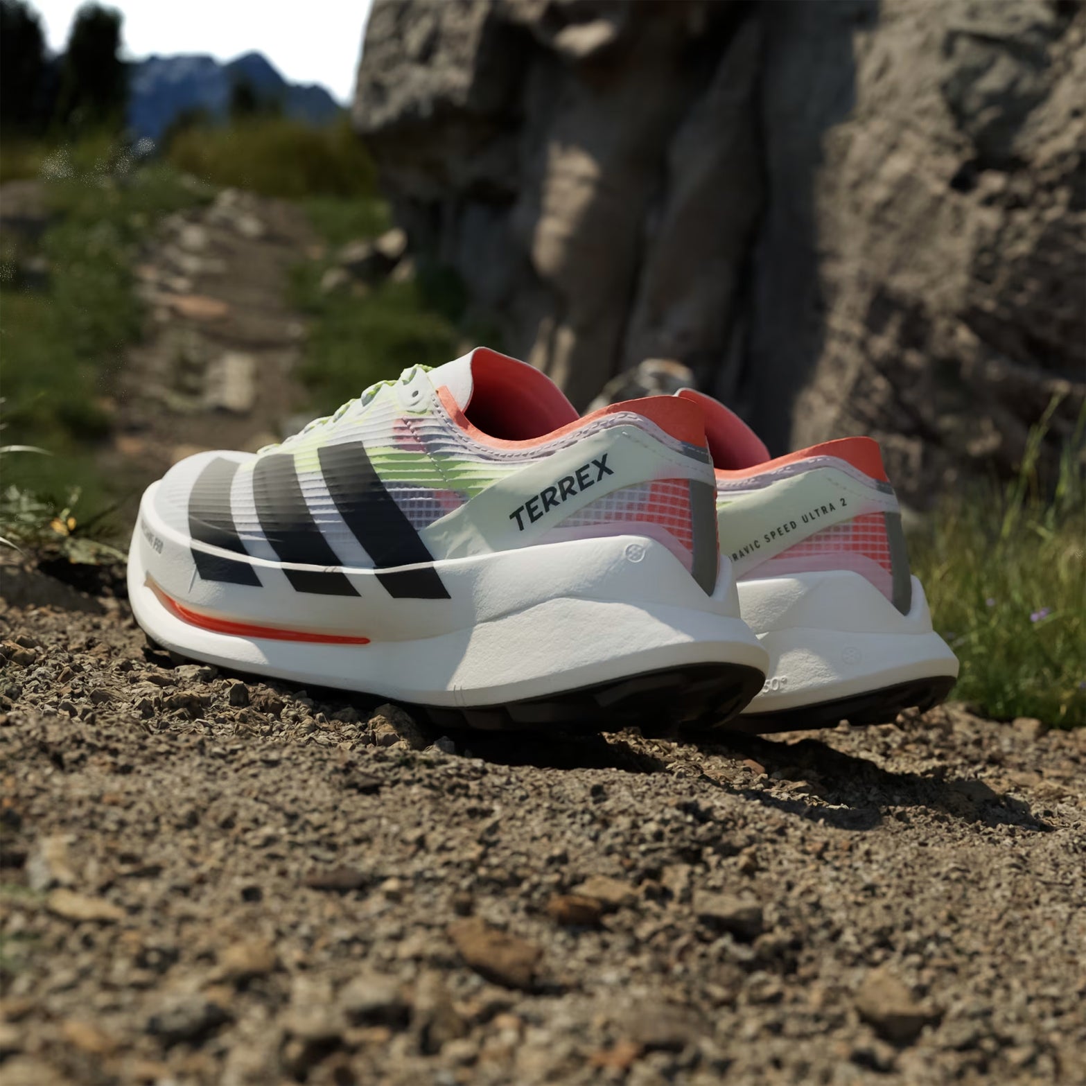 Men's Terrex Agravic Speed Ultra 2 Trail Running Shoes Cloud White Core Black Semi Impact Orange pair angled heel view showing lightweight construction