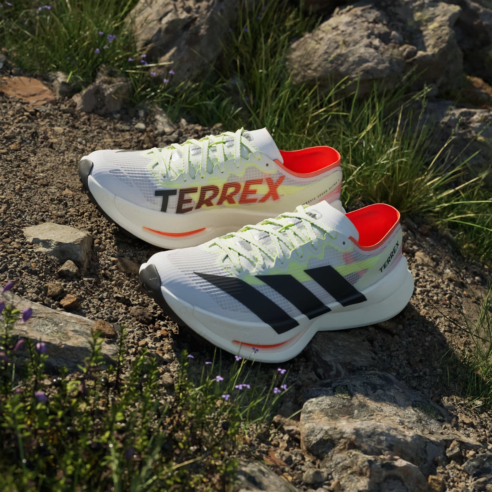 Men's Terrex Agravic Speed Ultra 2 Trail Running Shoes Cloud White Core Black Semi Impact Orange pair outer side view displaying trail racing profile