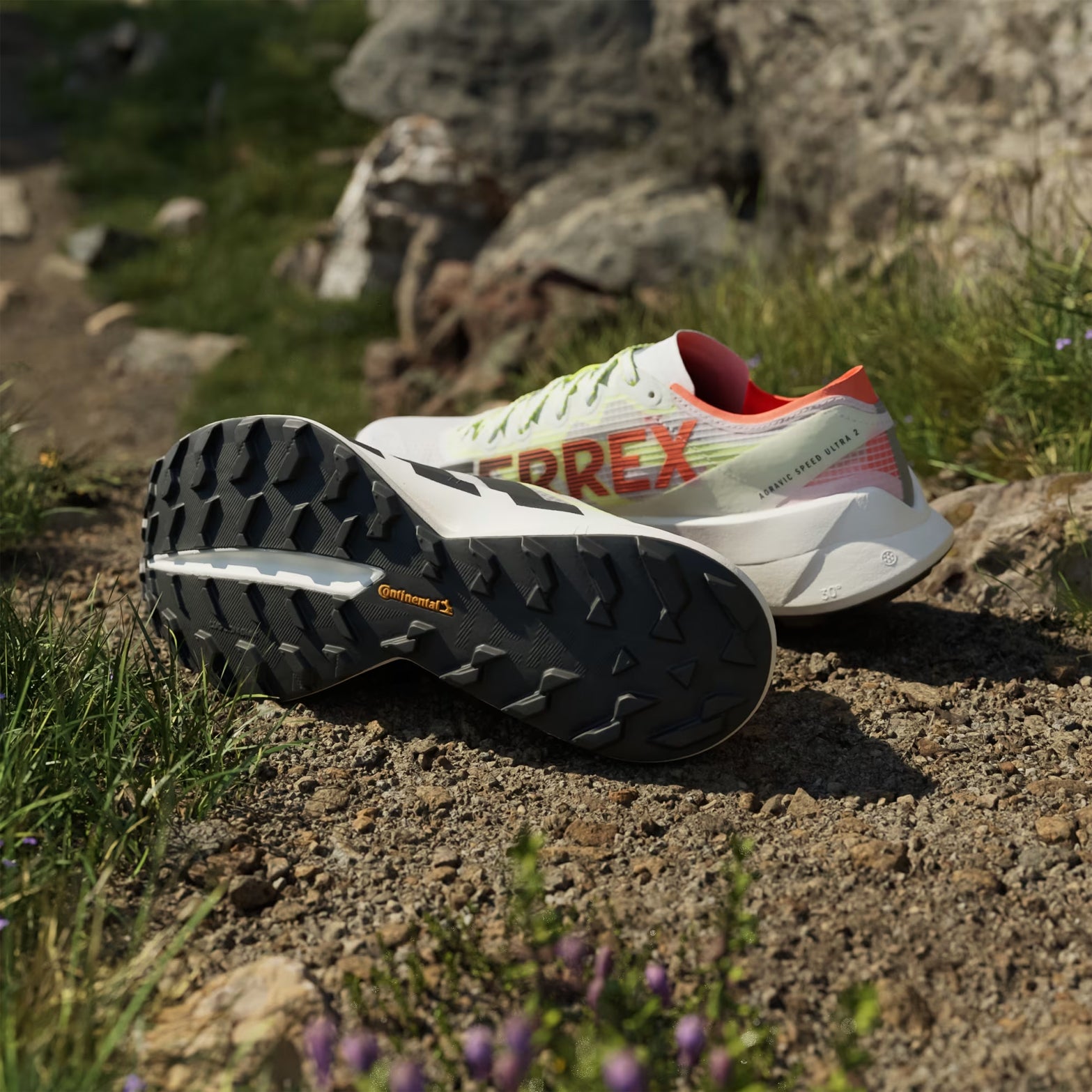 Men's Terrex Agravic Speed Ultra 2 Trail Running Shoes Cloud White Core Black Semi Impact Orange sole and side profile showing Continental™ Rubber outsole