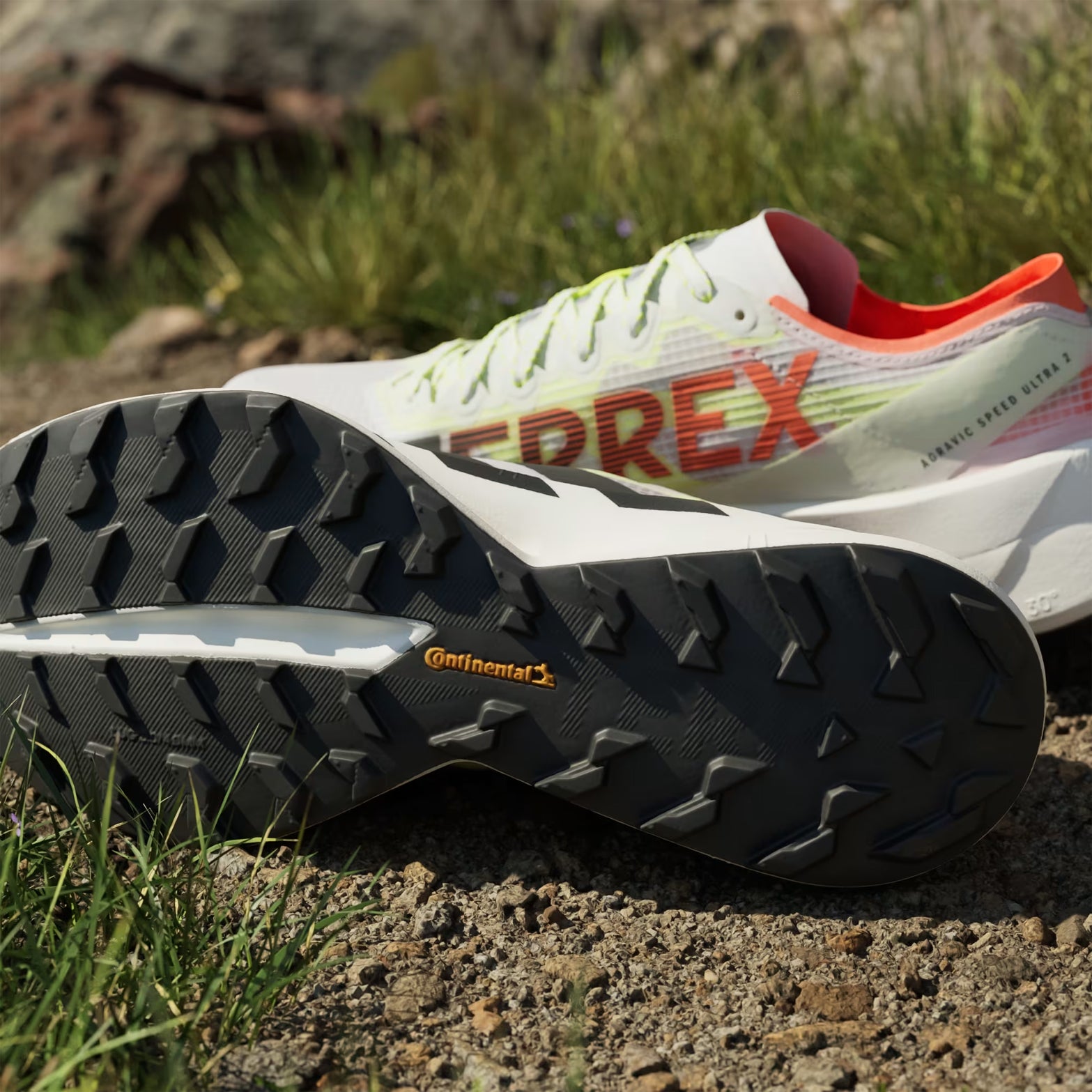 Men's Terrex Agravic Speed Ultra 2 Trail Running Shoes Cloud White Core Black Semi Impact Orange close-up sole view displaying Continental™ Rubber traction