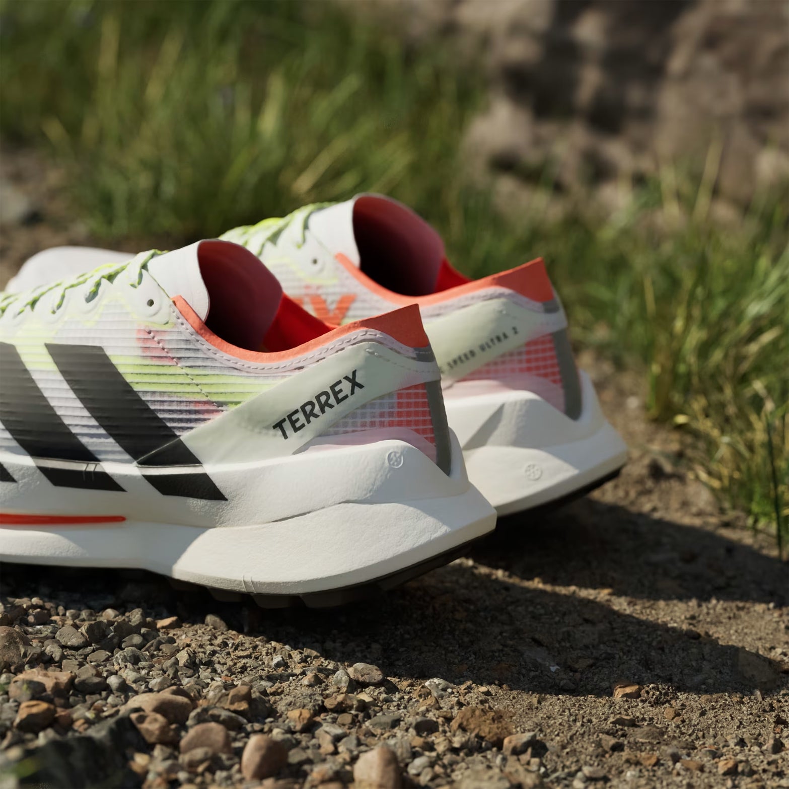 Men's Terrex Agravic Speed Ultra 2 Trail Running Shoes Cloud White Core Black Semi Impact Orange close-up angled heel view showing heel counter detail