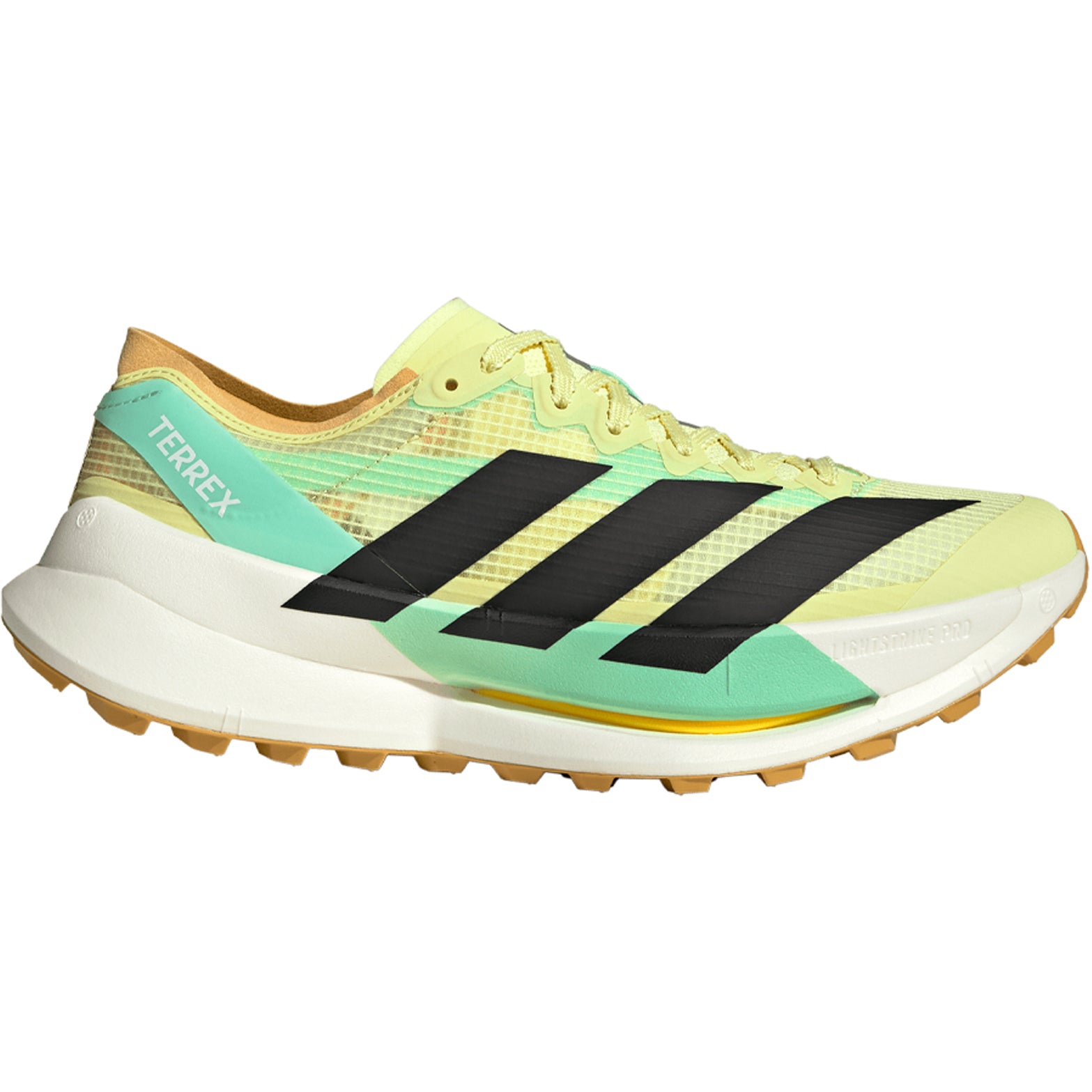 Men's adidas Terrex Agravic Speed Ultra 2 Trail Running Shoes Frozen Lemon Core Black Pulse Mint outer side view showing LIGHTSTRIKE PRO midsole with Energy Rods and dynamic rocker design for lightweight trail racing