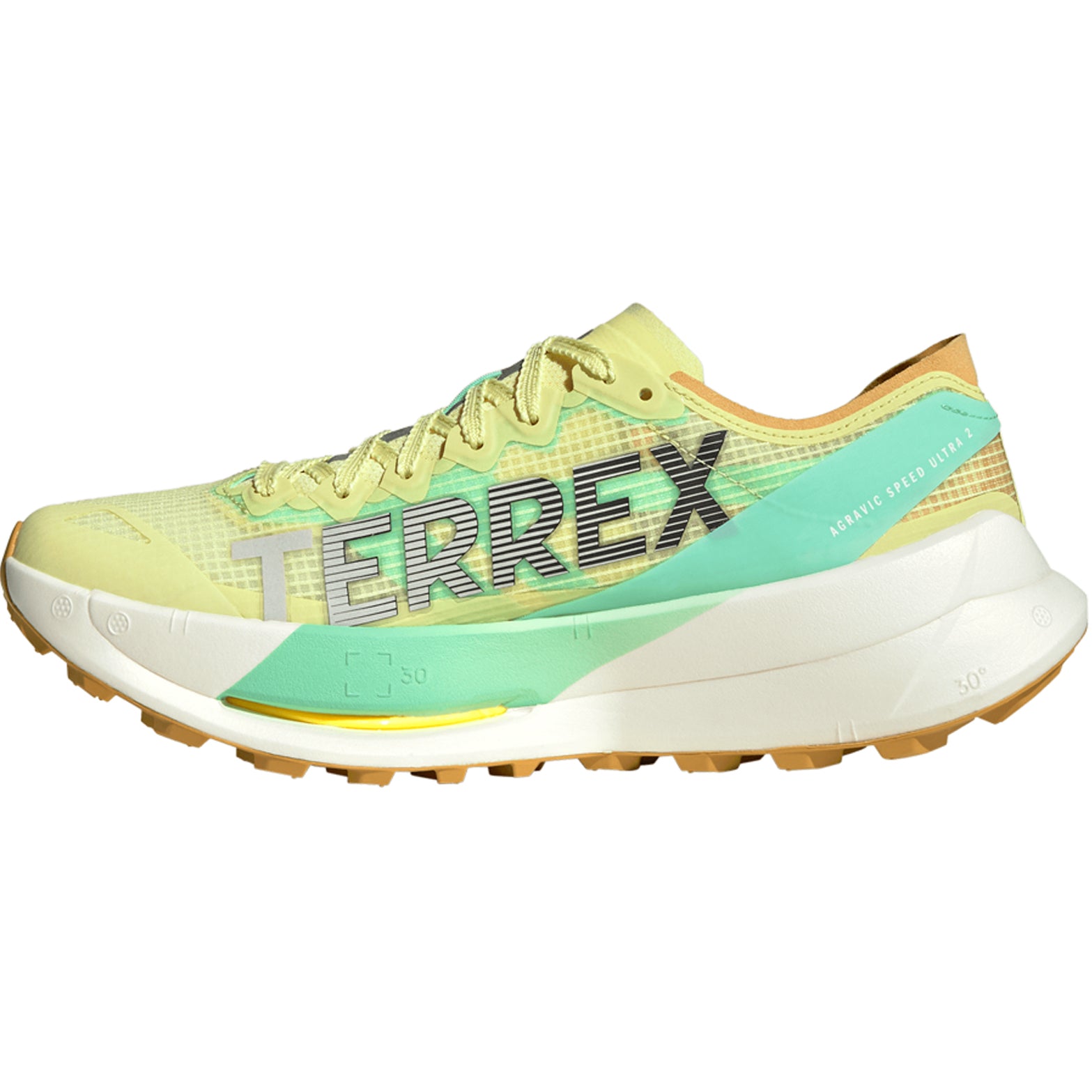 Men's adidas Terrex Agravic Speed Ultra 2 Trail Running Shoes Frozen Lemon Core Black Pulse Mint inner side view showing LIGHTSTRIKE PRO cushioning with integrated Energy Rods for responsive efficient technical trail running