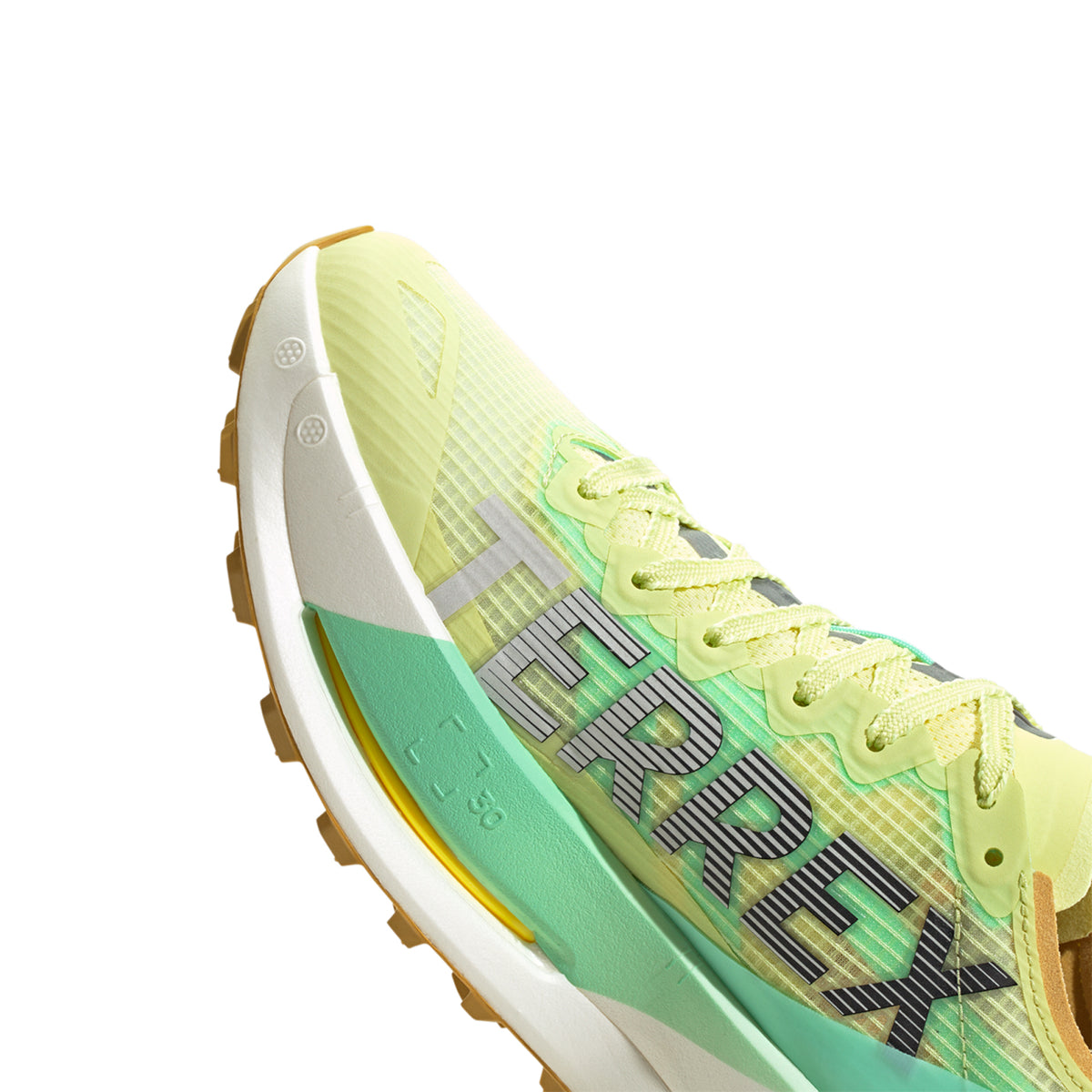 Men's adidas Terrex Agravic Speed Ultra 2 Trail Running Shoes Frozen Lemon Core Black Pulse Mint angled front view showing mono mesh upper with seamless overlays and Continental rubber outsole for precise fit and confident grip on technical trail terrain