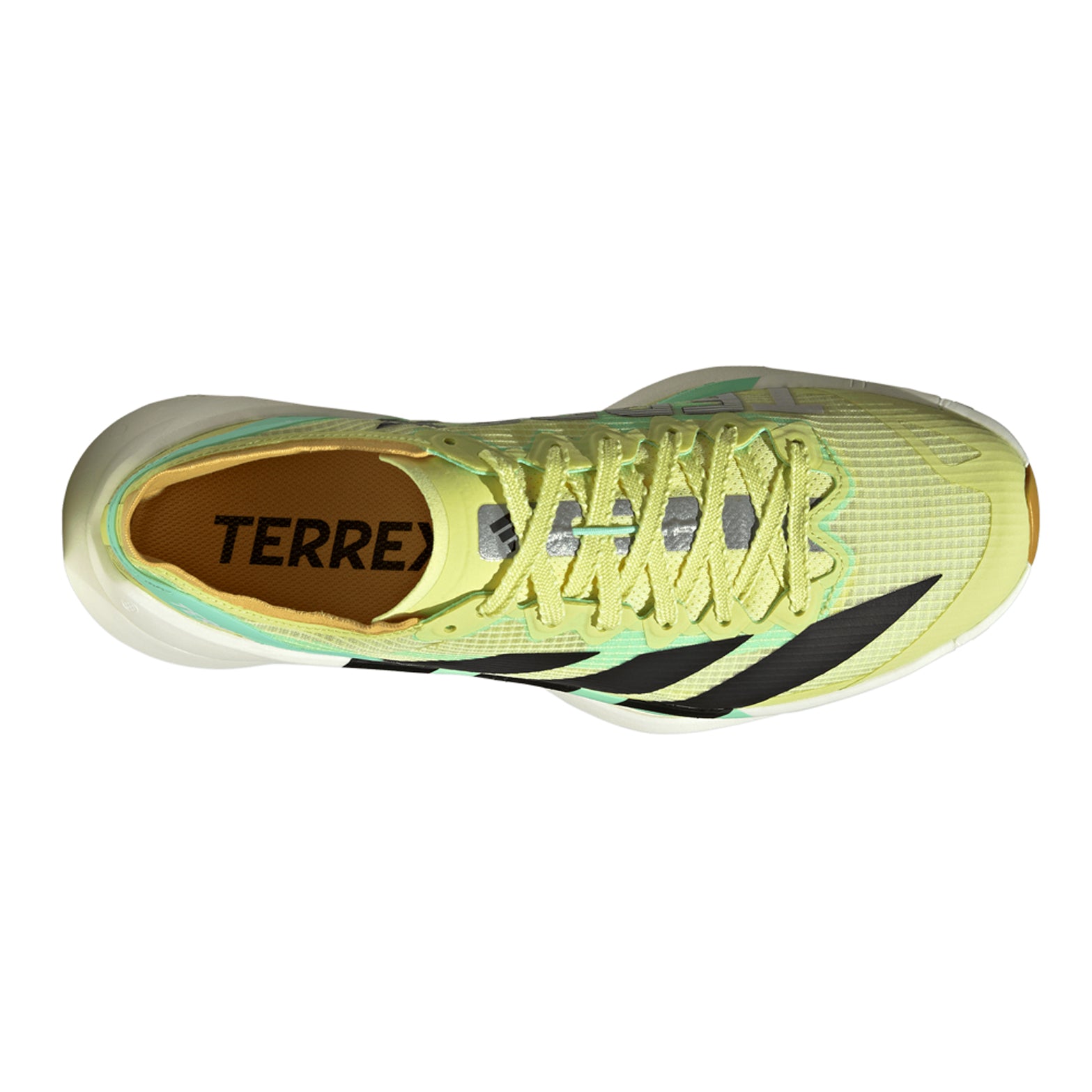 Men's adidas Terrex Agravic Speed Ultra 2 Trail Running Shoes Frozen Lemon Core Black Pulse Mint top view showing mono mesh upper with seamless overlays for personalised fit and targeted durability on technical trails