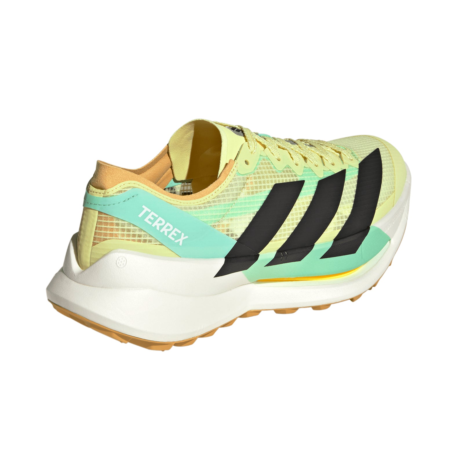 Men's adidas Terrex Agravic Speed Ultra 2 Trail Running Shoes Frozen Lemon Core Black Pulse Mint heel view showing LIGHTSTRIKE PRO midsole with dynamic rocker design and Continental rubber outsole for fast responsive trail racing