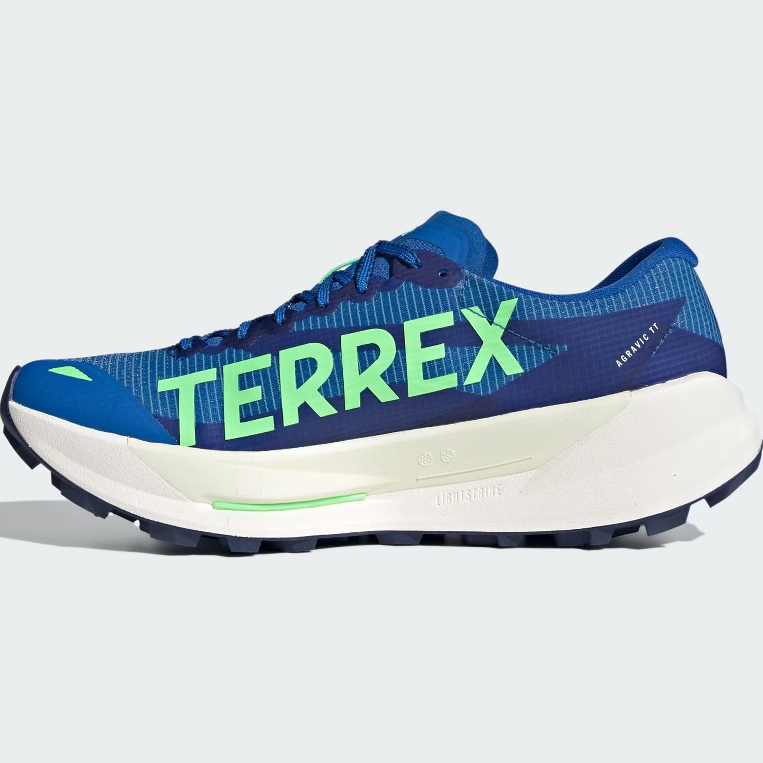 Men's adidas Terrex Agravic TT Trail Running Shoes Blue Dash Grey Lime Burst outer side view showing LIGHTSTRIKE PRO cushioning with reinforced durable mesh for technical trail running