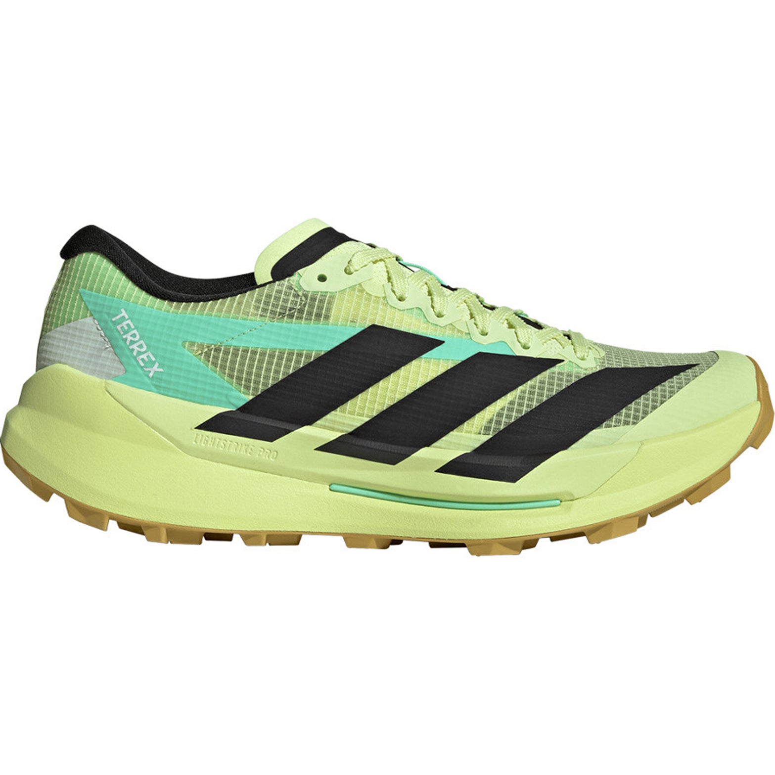 Men's adidas Terrex Agravic TT Trail Running Shoes Frozen Lemon Core Black Pulse Mint outer side view showing LIGHTSTRIKE PRO cushioning with reinforced durable mesh for technical trail running