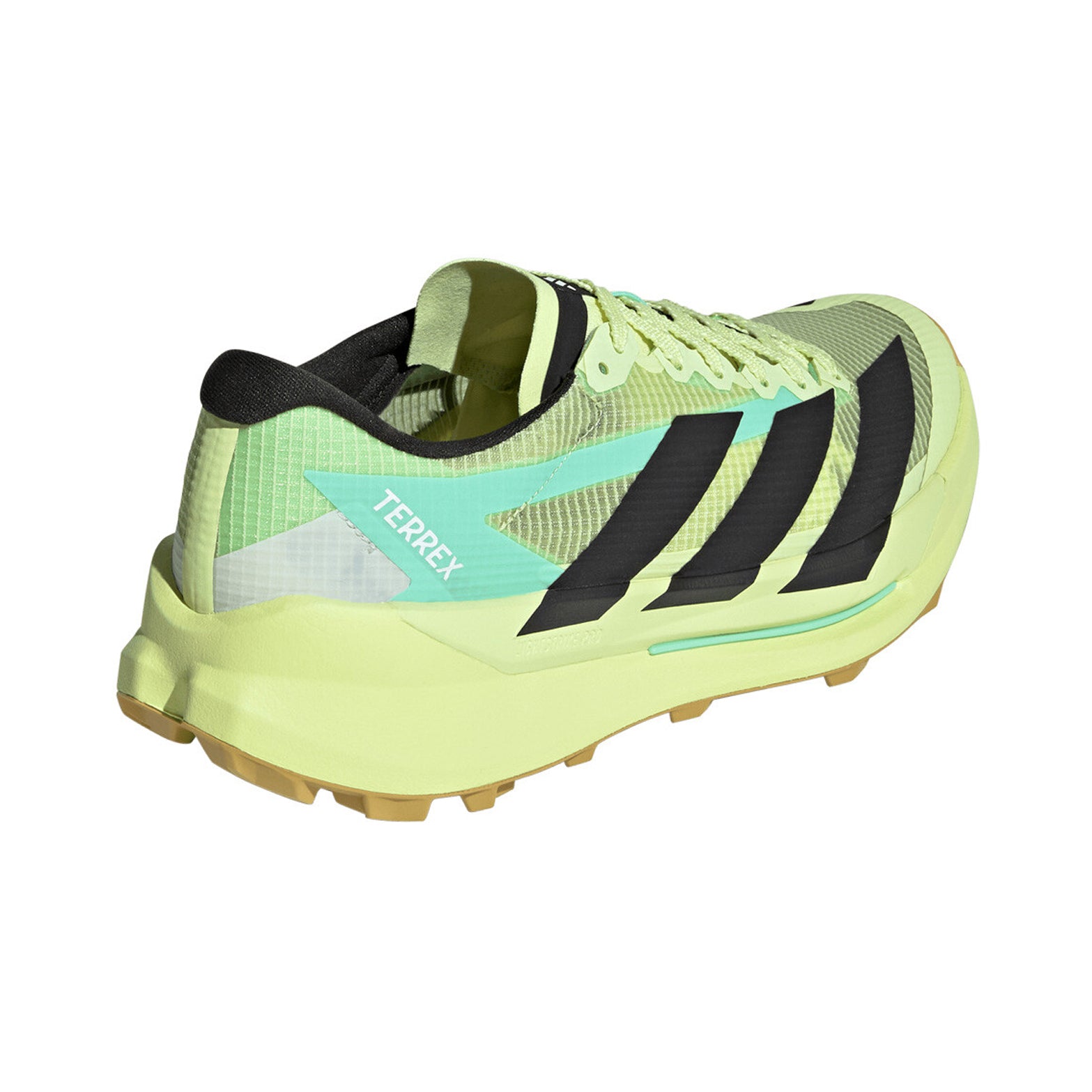 Men's adidas Terrex Agravic TT Trail Running Shoes Frozen Lemon Core Black Pulse Mint heel view showing LIGHTSTRIKE PRO super-light cushioning with reinforced upper for trail racing performance