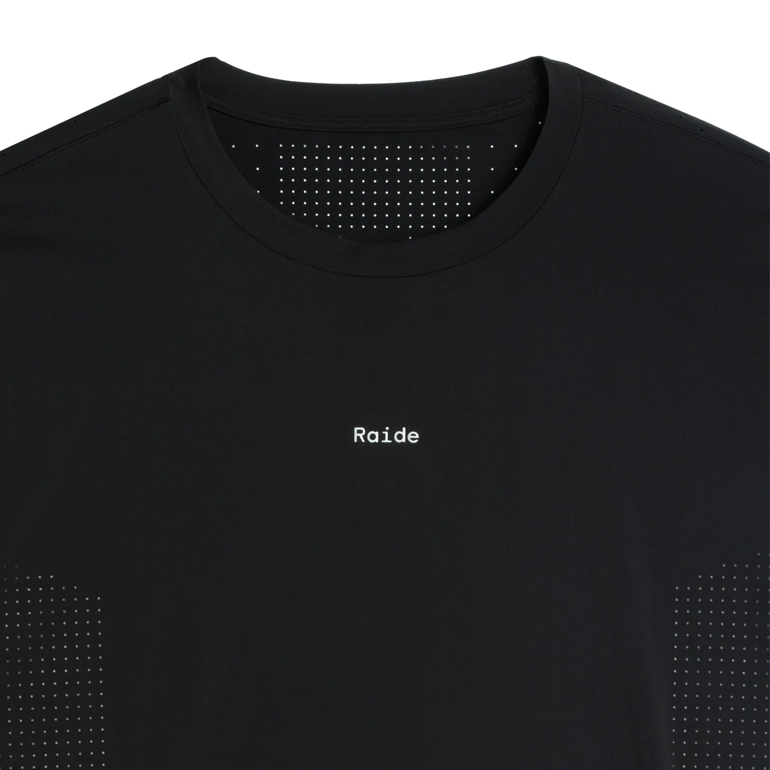 Men's Raide Thermal Dispersion Tee Black close-up of front showing reflective Raide branding with body-mapped laser-cut perforations and cool-to-touch 115gsm Italian-knit microfibre construction