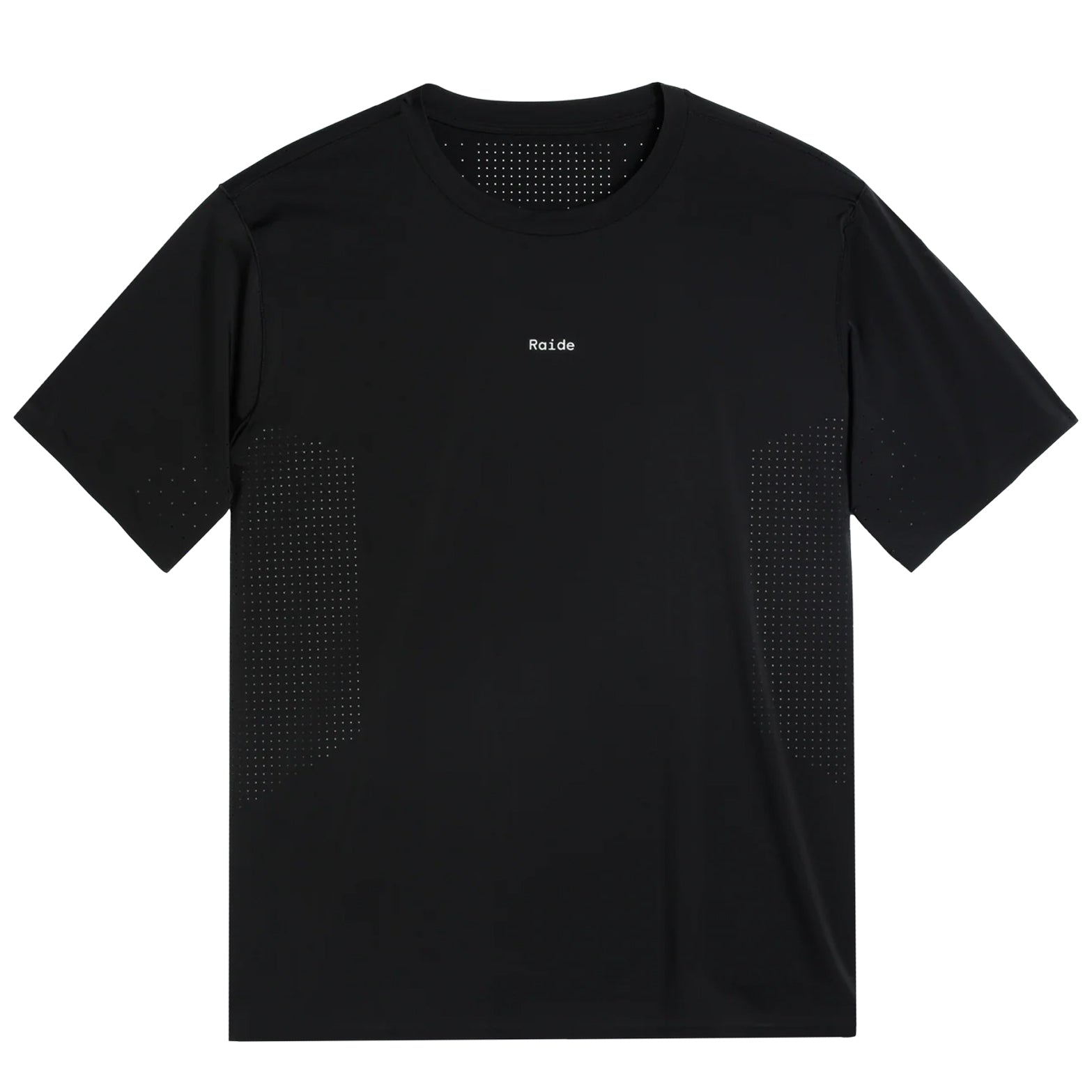 Men's Raide Thermal Dispersion Tee Black front product view showing body-mapped laser-cut perforations with reflective branding and Italian-knit microfibre construction