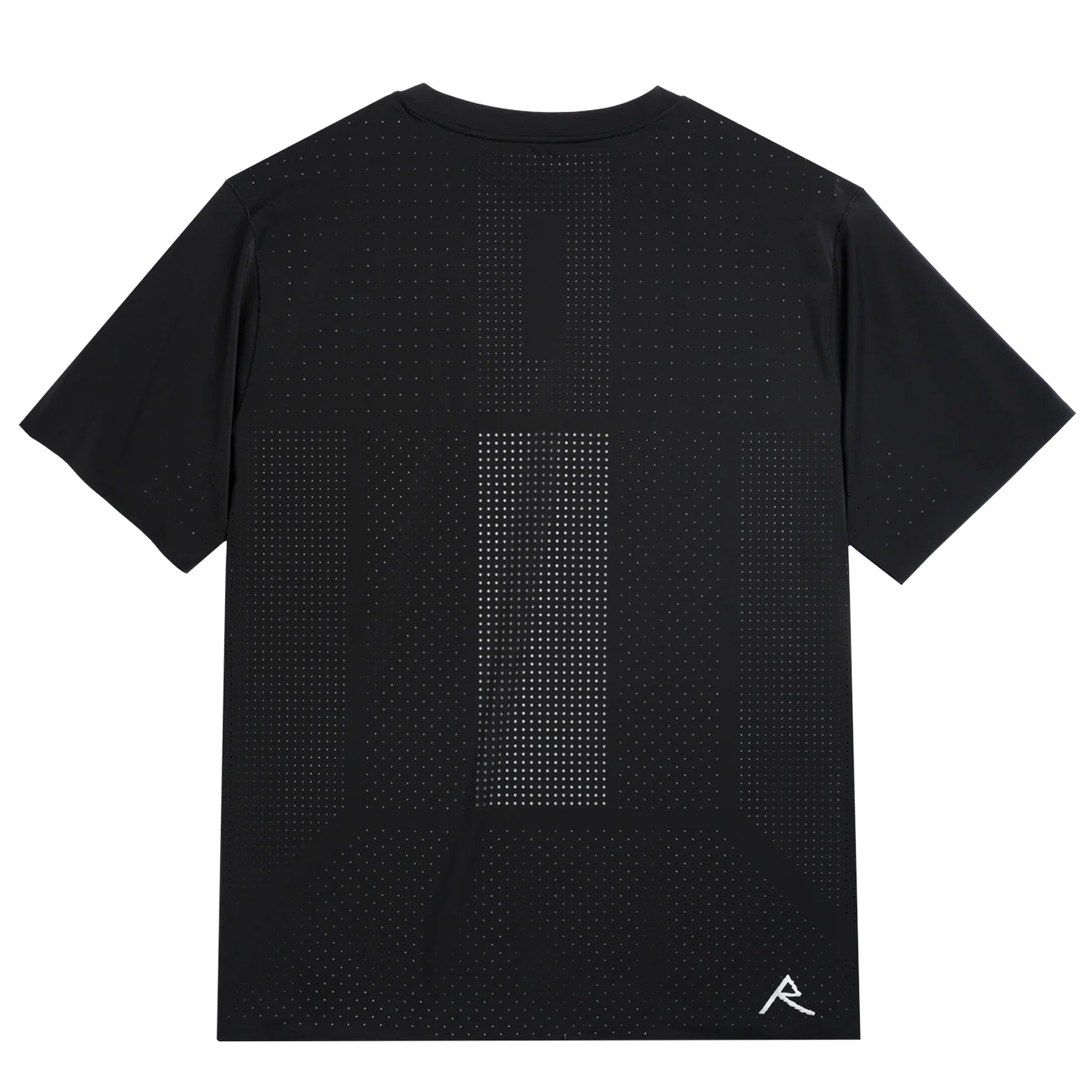 Men's Raide Thermal Dispersion Tee Black back product view showing densely perforated centre back zone with body-mapped laser-cut ventilation for maximum evaporative cooling during running