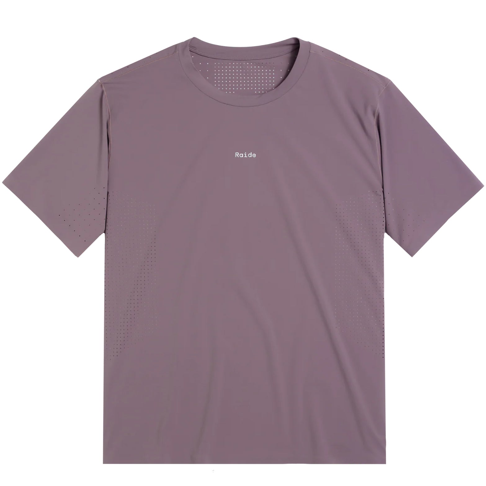Men's Raide Thermal Dispersion Tee Dusk front product view showing body-mapped laser-cut perforations with reflective branding and Italian-knit microfibre construction