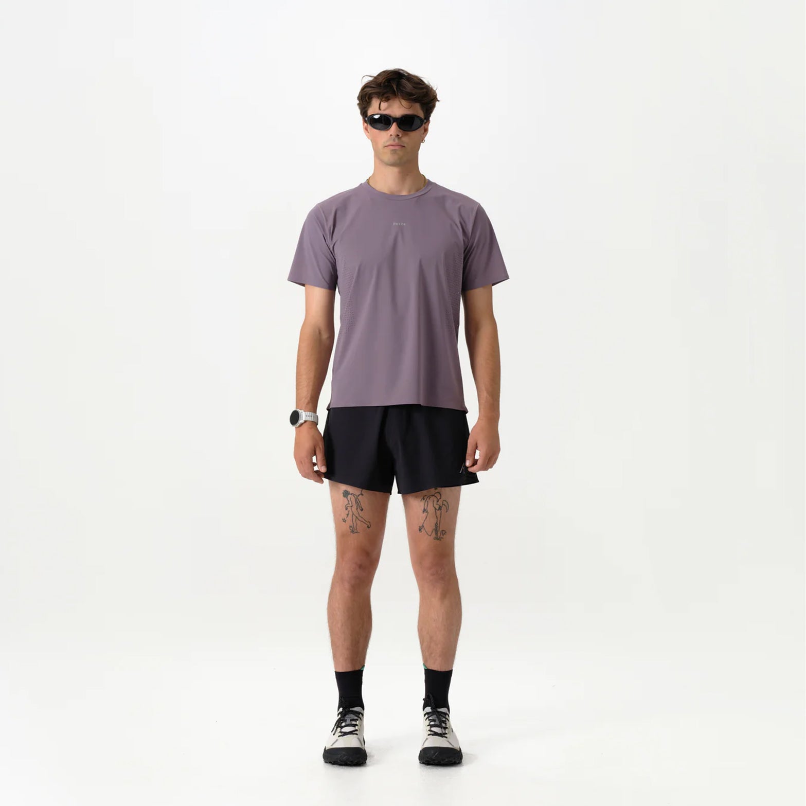 Men's Raide Thermal Dispersion Tee Dusk front full body view on male runner showing cool-to-touch Italian microfibre with four-way stretch and body-mapped perforations for lightweight warm weather training