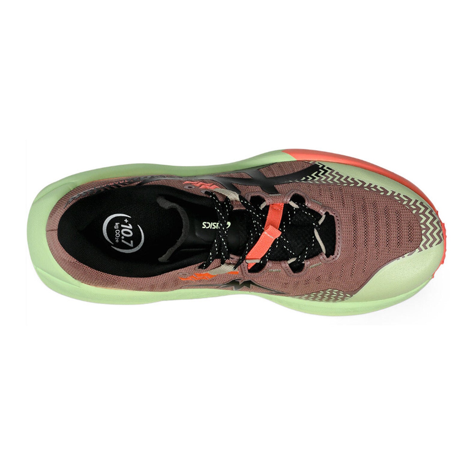 ASICS TRABUCO MAX 5 men's trail running shoe in Umeboshi / Black — top-down view showing umeboshi water-repellent engineered mesh upper construction, lace closure and black accent detailing