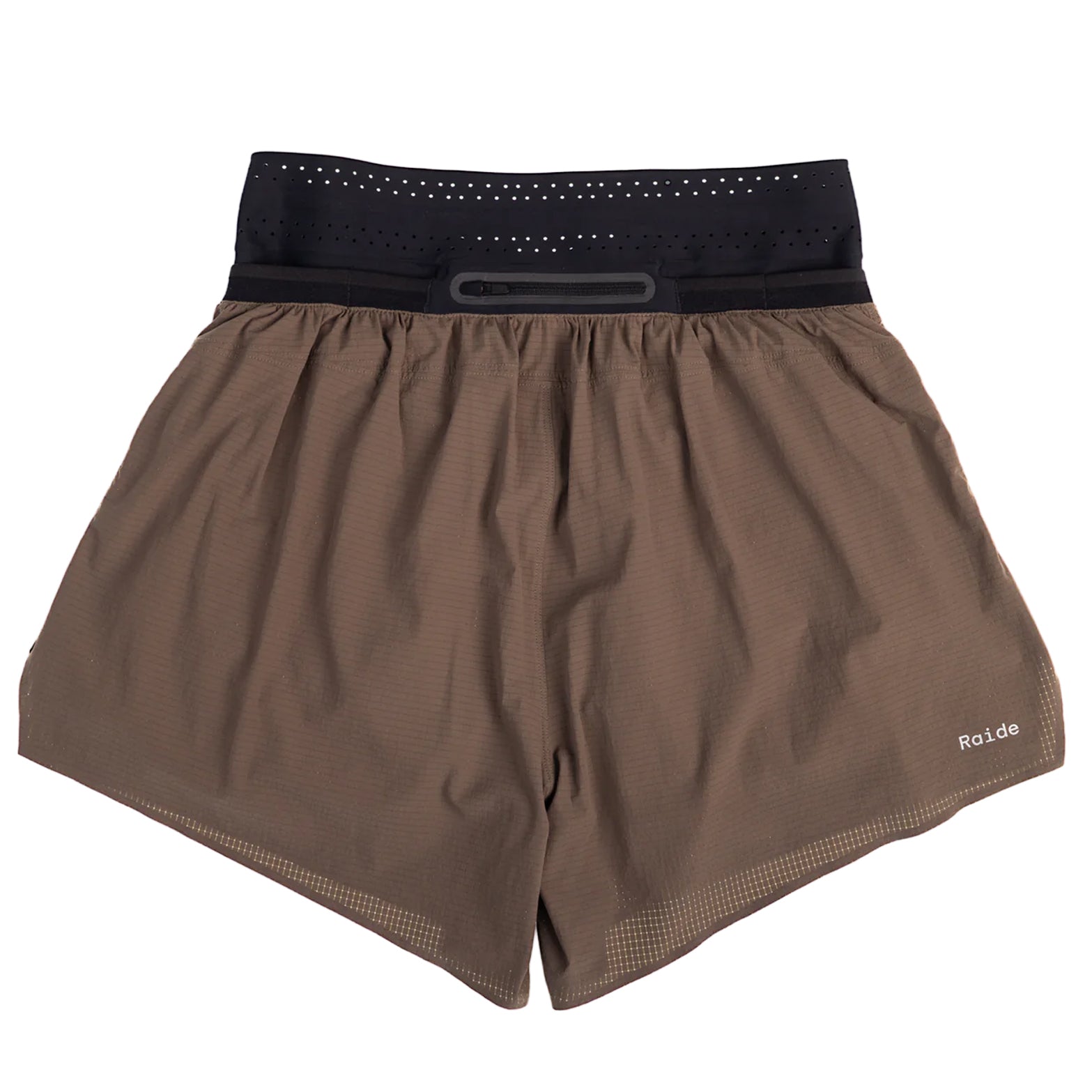 Raide TrailTech Short men's in Bark — back product shot showing large rear pocket placement, zippered pocket detail and Toray DotAir outer construction