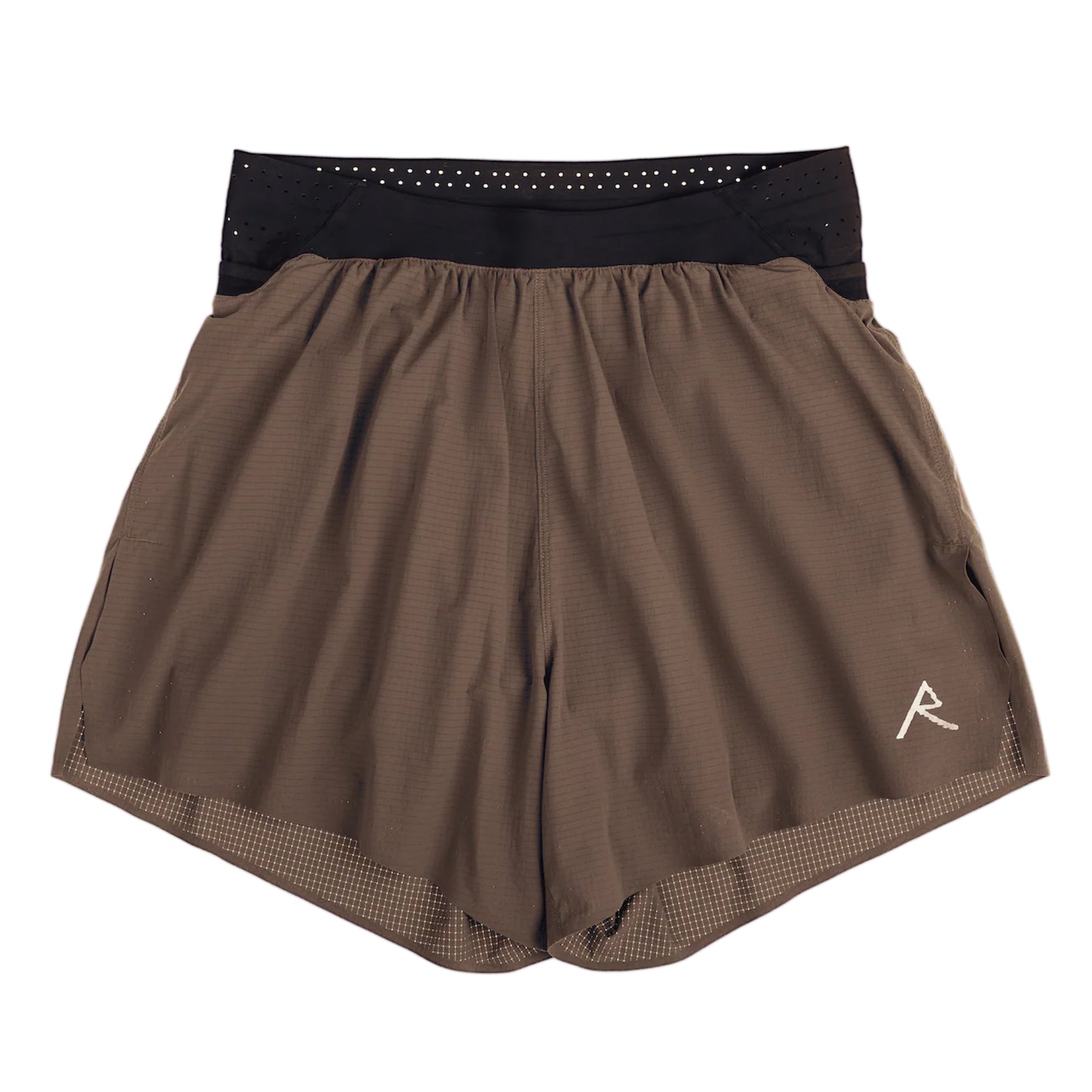 Raide TrailTech Short men's in Bark — front product shot showing 5.25 inch silhouette, laser-perforated waistband, large pocket placement and Toray DotAir outer construction
