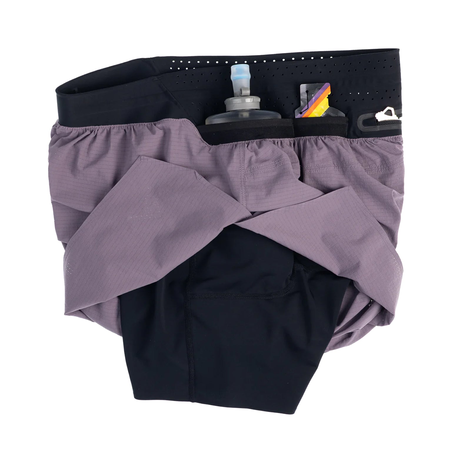 Raide TrailTech Short men's in Dusk — side view showing 4.25 inch Italian-made liner construction, silicone grip at liner hem and recycled polyester elastane fabric detail