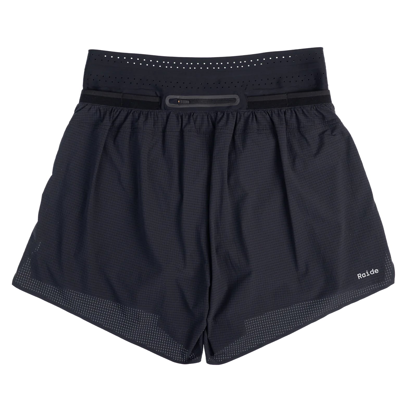 Raide TrailTech Short men's in Black — back product shot showing large rear pocket placement, zippered pocket detail and Toray DotAir outer construction