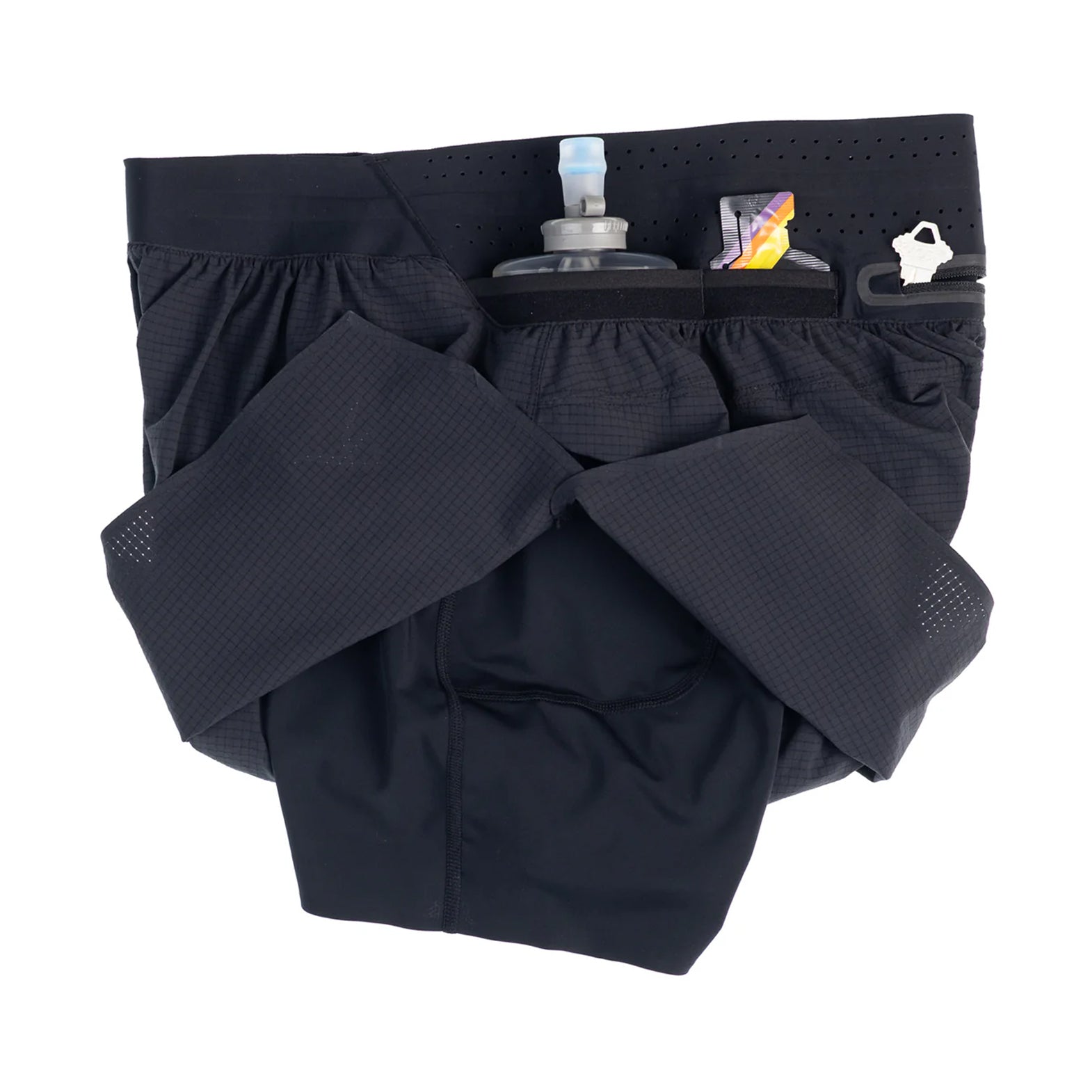 Raide TrailTech Short men's in Black — side view showing 4.25 inch Italian-made liner construction, silicone grip at liner hem and recycled polyester elastane fabric detail