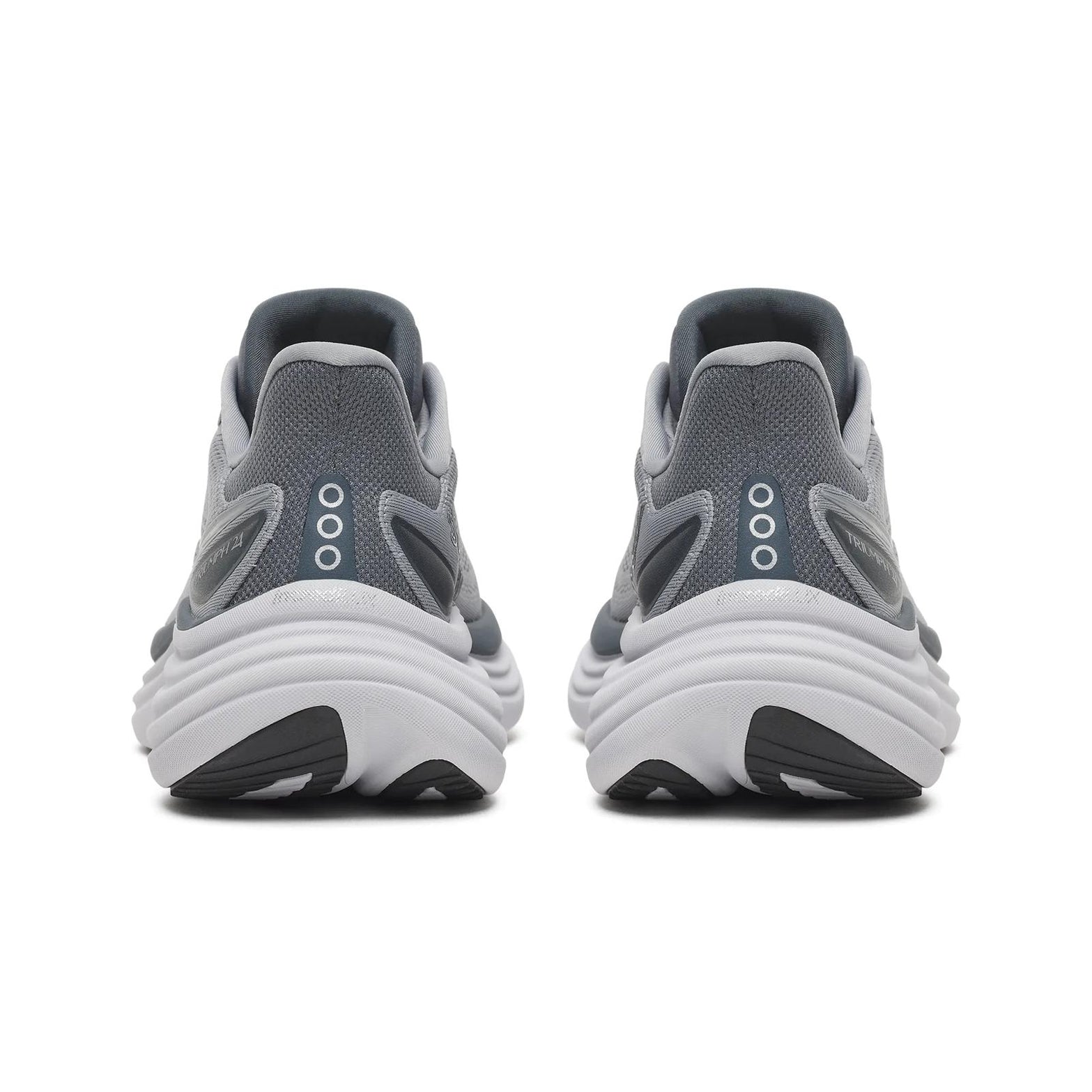 Men's Saucony Triumph 24 Running Shoes Fossil Gunmetal heel view showing thick incrediLUX foam stack for premium cushioning and lightweight comfort during long runs