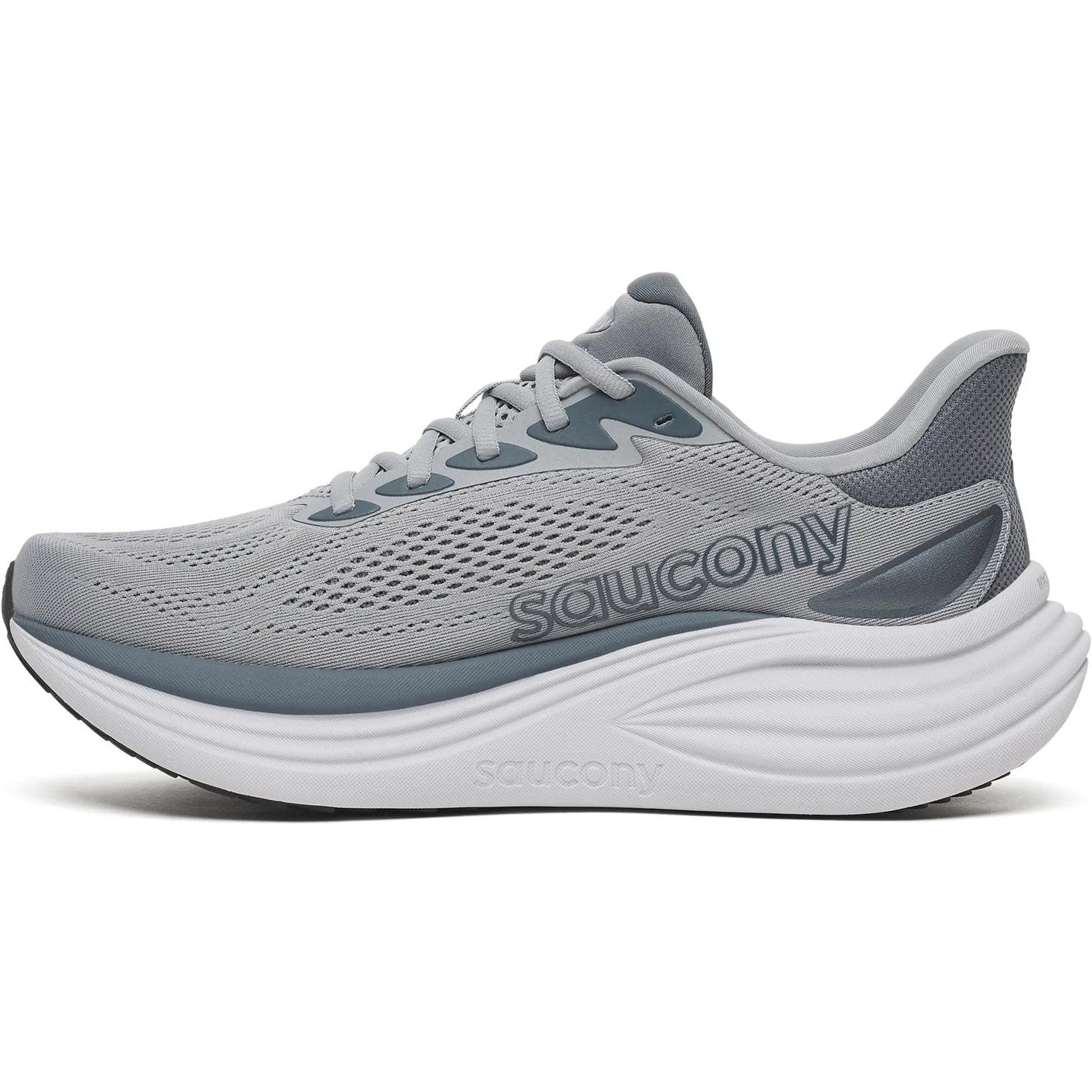Men's Saucony Triumph 24 Running Shoes Fossil Gunmetal inner side view showing incrediLUX foam cushioning with breathable comfort mesh upper for plush neutral running