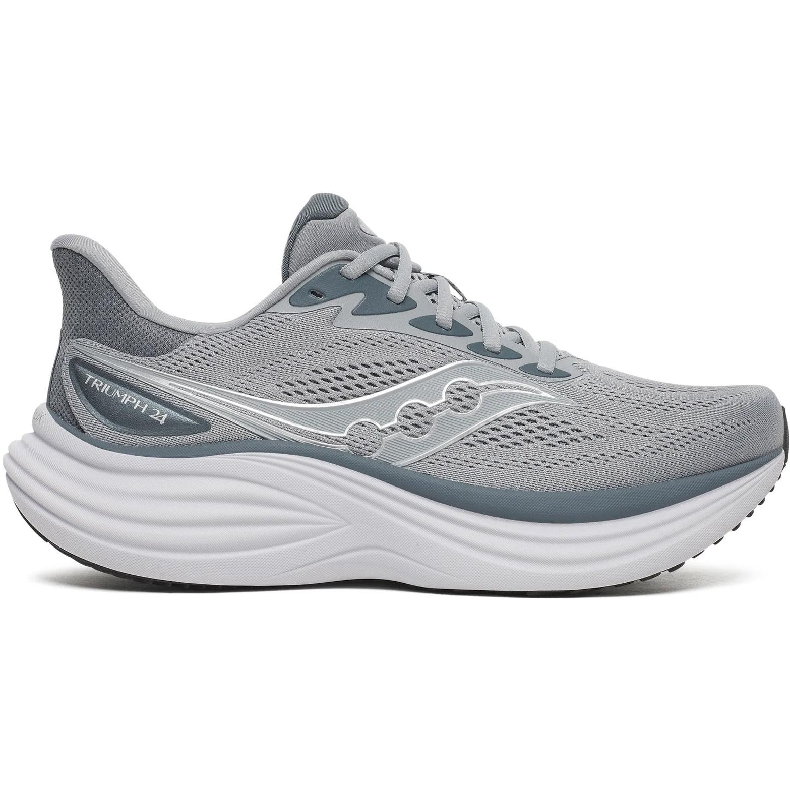 Men's Saucony Triumph 24 Running Shoes Fossil Gunmetal outer side view showing all-new incrediLUX foam with thick cushioning stack and XT-900 carbon rubber outsole for high-mileage daily running
