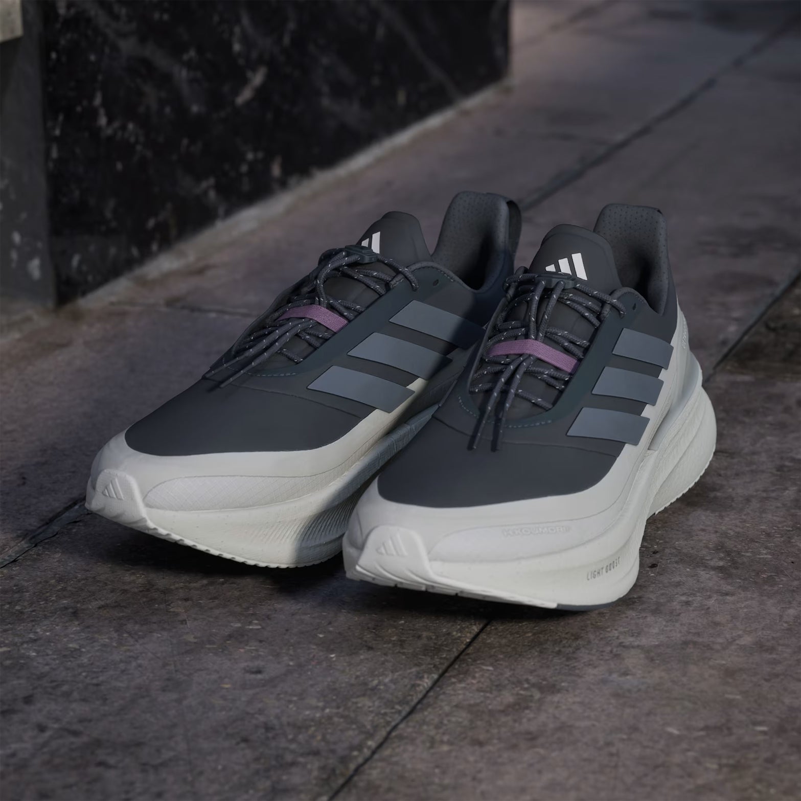 Men's adidas Ultraboost 5 H.Koumori Running Shoes Carbon Grey Five Alumina pair top angled side view showing textile and synthetic upper with textile lining