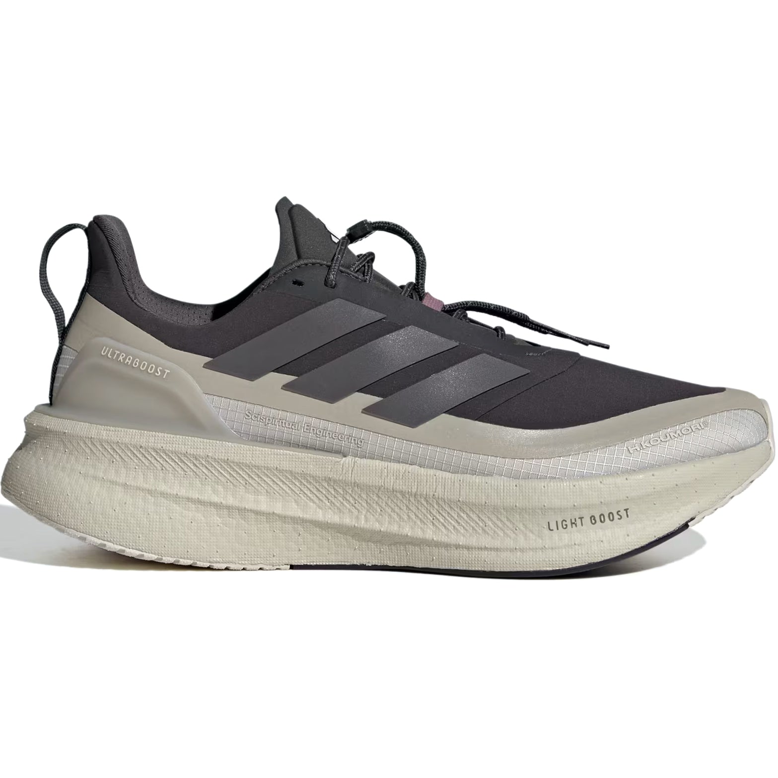 Men's adidas Ultraboost 5 H.Koumori Running Shoes Carbon Grey Five Alumina outer side view showing Light BOOST midsole and textile synthetic upper