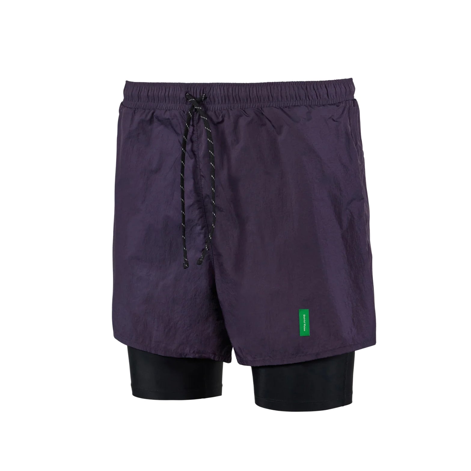 District Vision Men's Ultralight Nylon Trail Short Nightshade Black front product view showing recycled half tights with 5-inch ultralight Japanese nylon shell and concealed phone pocket