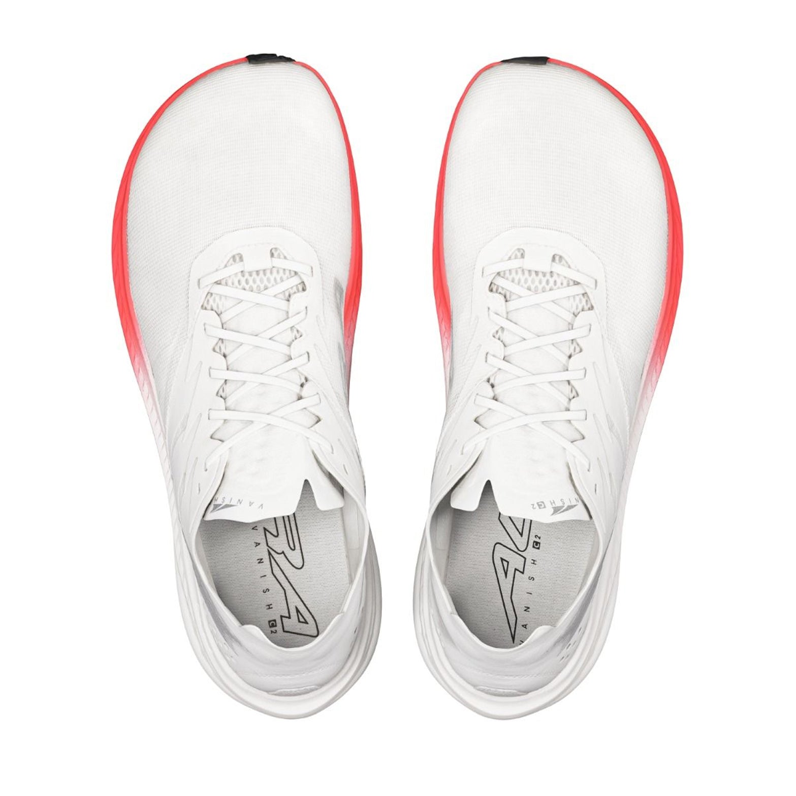 Men's Altra Vanish Carbon 2 Running Shoes White Red top view showing lightweight breathable mesh upper with FootShape slim toe box for natural toe splay