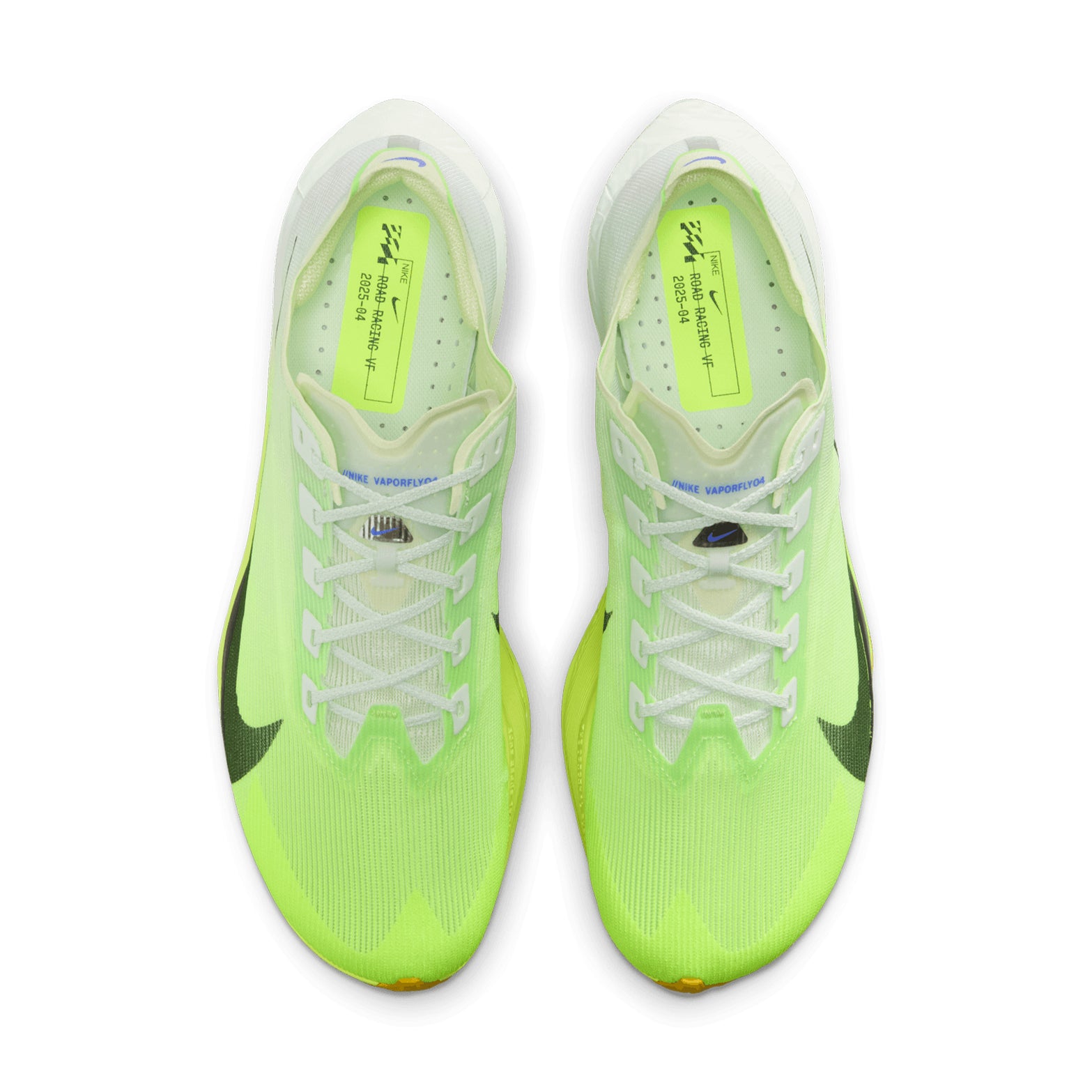 Men's Nike Vaporfly 4 Running Shoes Green Blue top view showing engineered mesh upper with reduced heel and tongue dimensions for minimal weight
