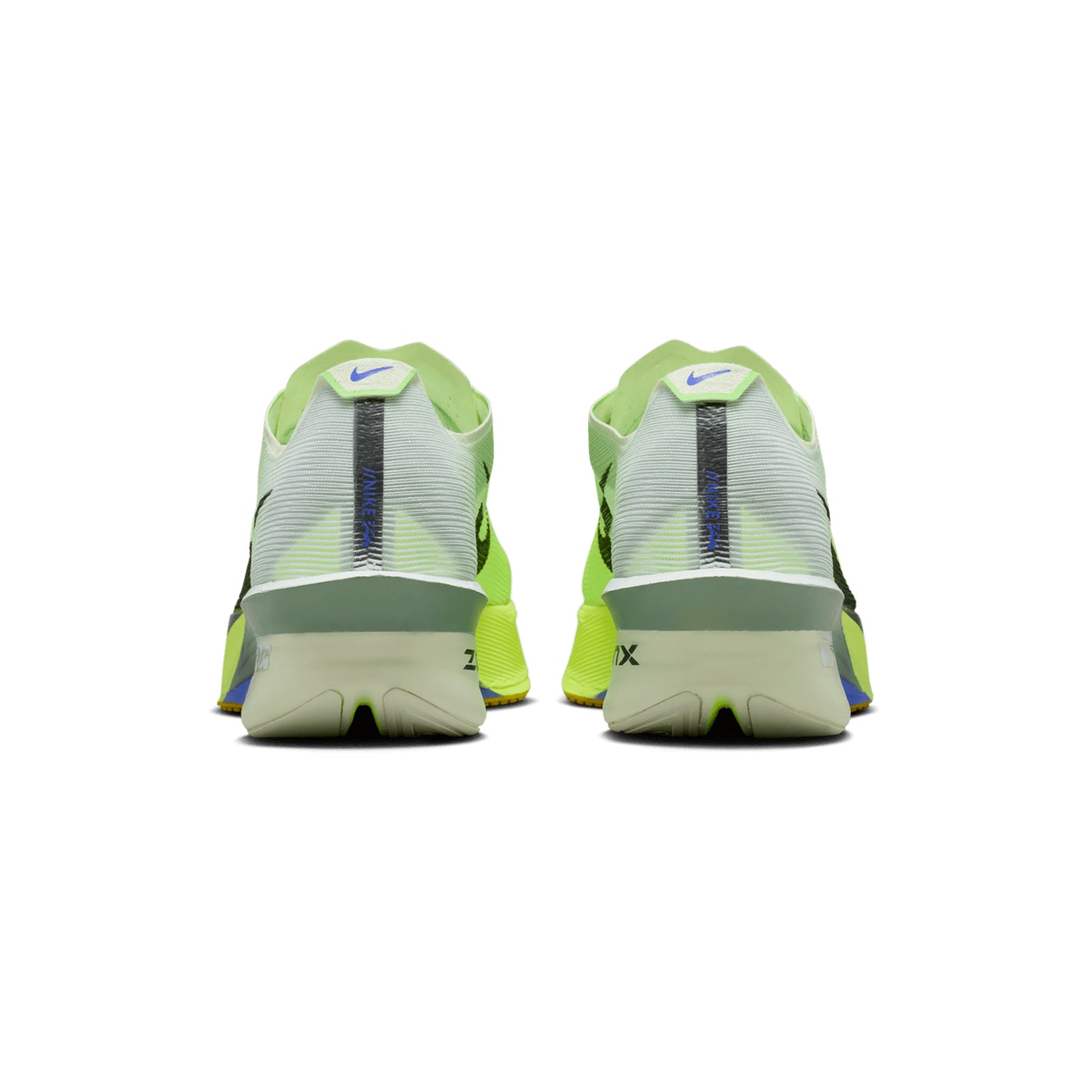 Men's Nike Vaporfly 4 Running Shoes Green Blue heel view showing ZoomX foam stack, carbon fibre Flyplate and outward-bulging midsole geometry
