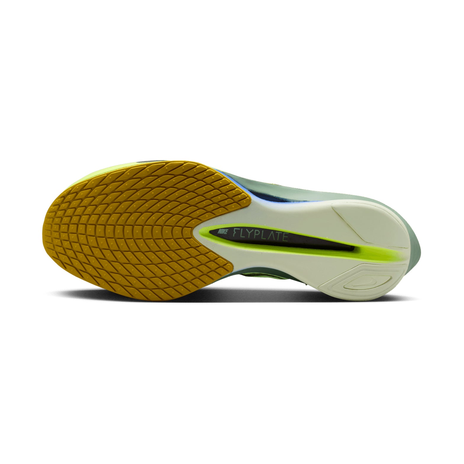 Men's Nike Vaporfly 4 Running Shoes Green Blue sole view displaying thinner rubber outsole and strategic midsole geometry for stable propulsive ride