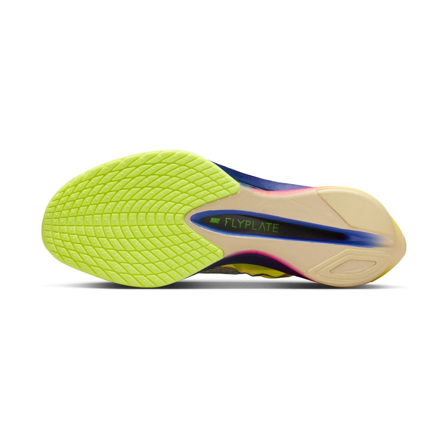 Men's Vaporfly 4 Running Shoes Citron Pulse Laser Orange Volt Ice Indigo Burst sole view displaying thinner rubber outsole