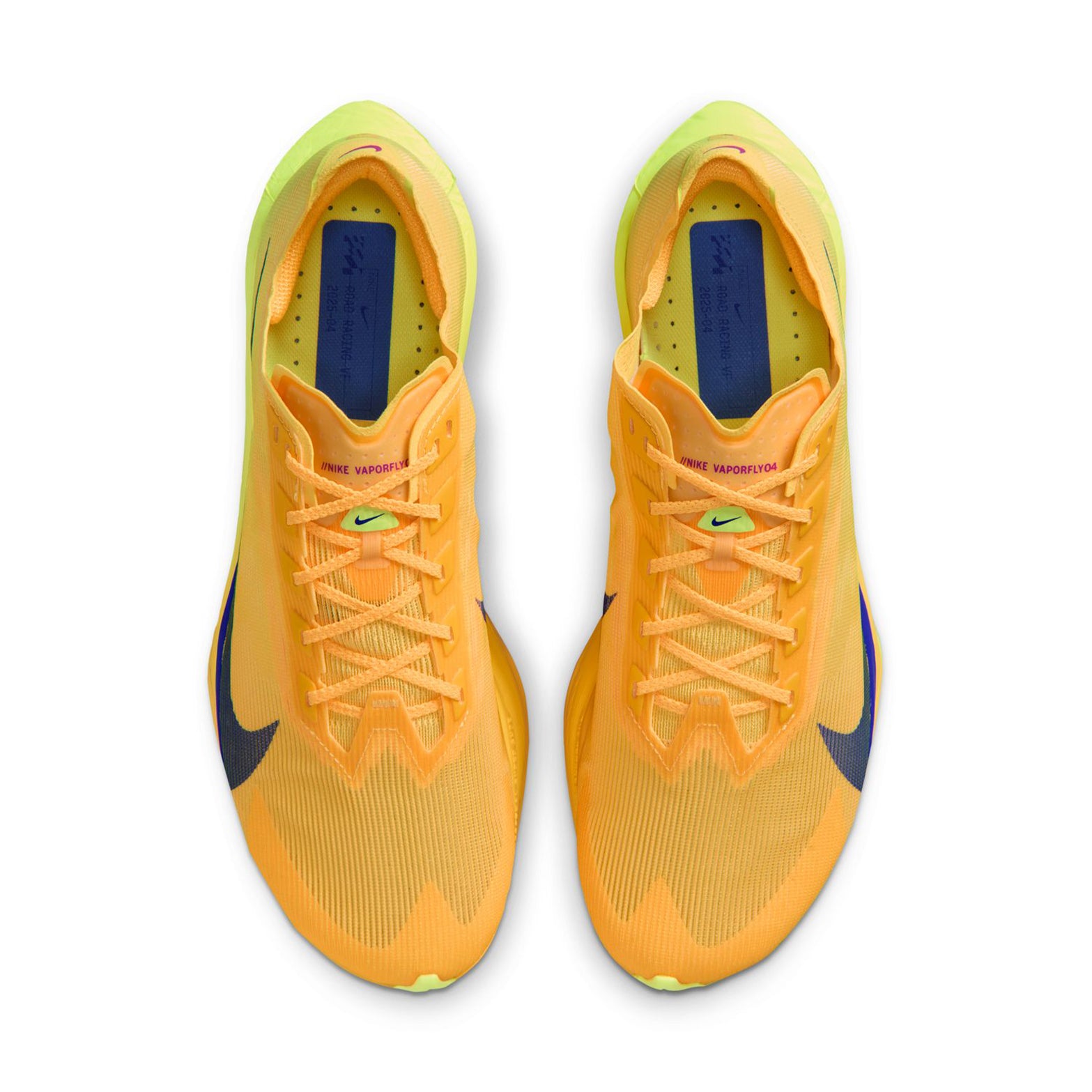 Men's Vaporfly 4 Running Shoes Citron Pulse Laser Orange Volt Ice Indigo Burst pair top view showing engineered mesh upper