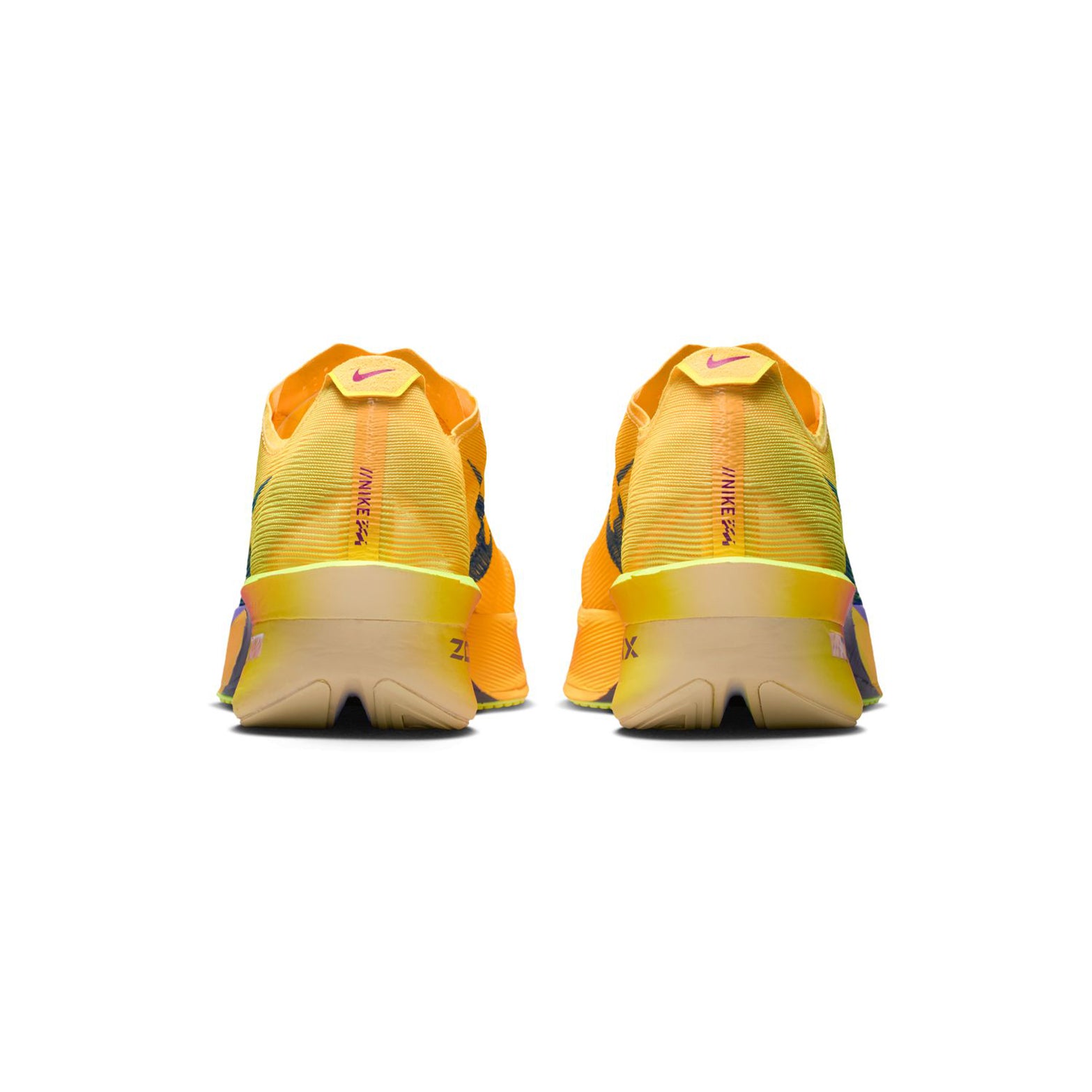 Men's Vaporfly 4 Running Shoes Citron Pulse Laser Orange Volt Ice Indigo Burst pair heel view showing reduced heel dimensions and midsole geometry