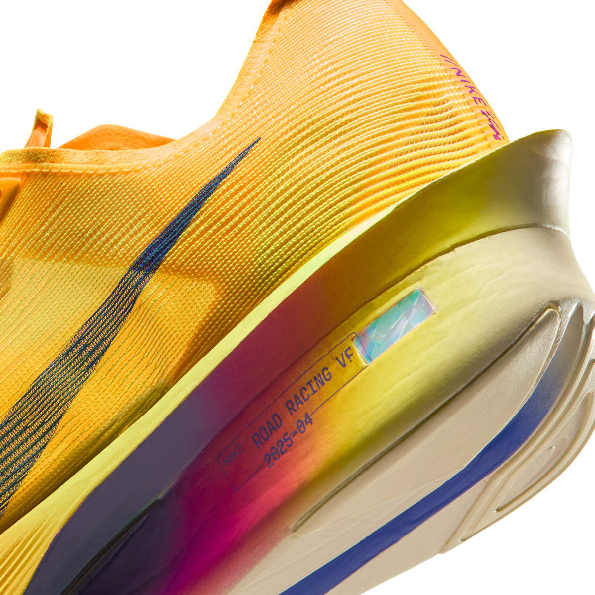 Men's Vaporfly 4 Running Shoes Citron Pulse Laser Orange Volt Ice Indigo Burst angled close-up heel view showing ZoomX cushioning and Flyplate