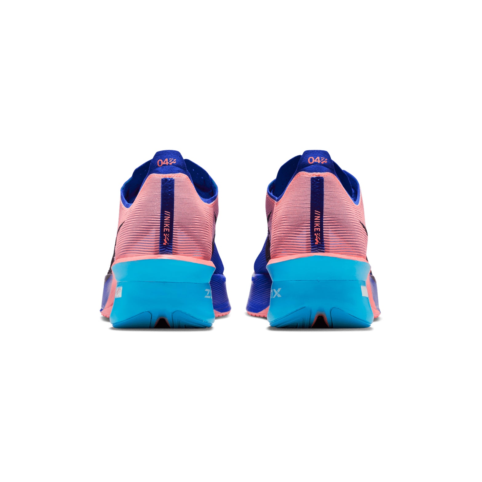 Men's Nike Vaporfly 4 Running Shoes Racer Blue Blue Lightning Atomic Pink White heel view showing optimised ZoomX foam with strategic midsole geometry and reduced weight construction for featherlight marathon racing