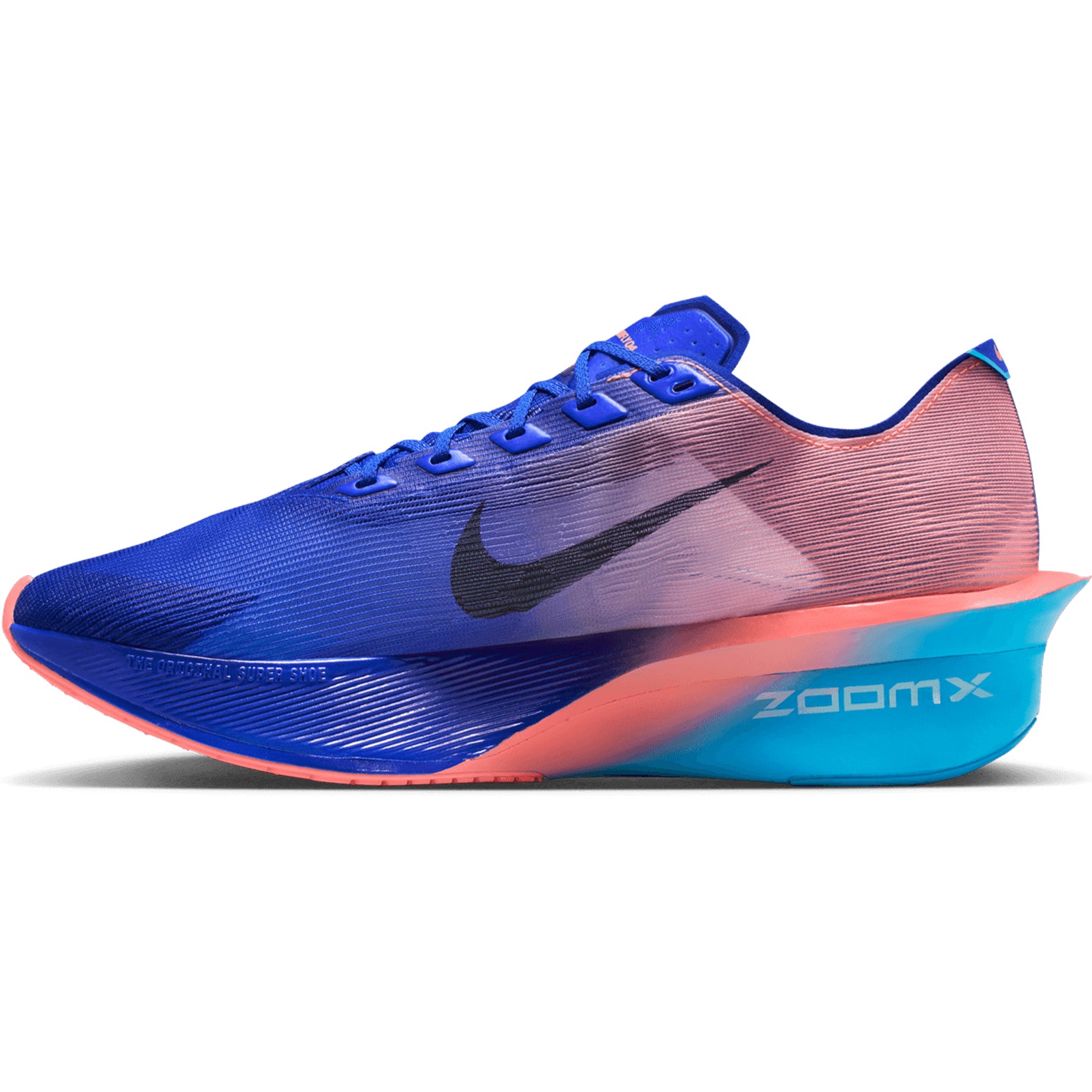 Men's Nike Vaporfly 4 Running Shoes Racer Blue Blue Lightning Atomic Pink White inner side view showing optimised ZoomX foam with full-length carbon Flyplate and reduced heel-to-toe drop for propulsive race day performance