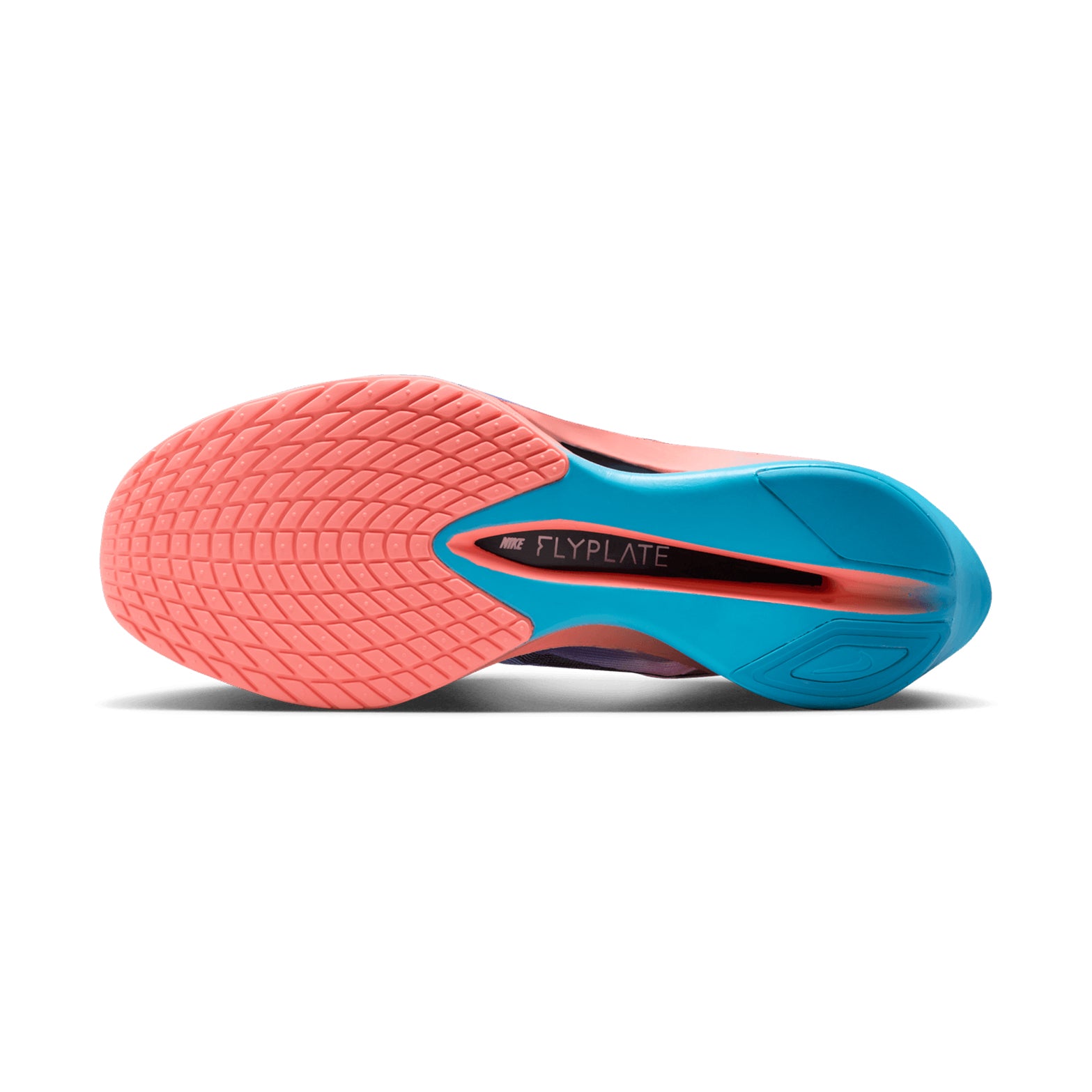 Men's Nike Vaporfly 4 Running Shoes Racer Blue Blue Lightning Atomic Pink White sole view displaying thinner rubber outsole with carbon Flyplate for lightweight propulsive race day traction