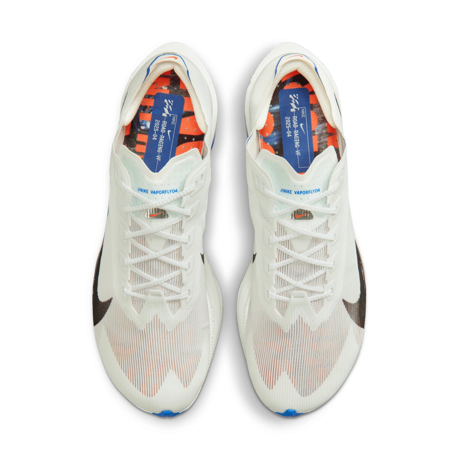 Nike Vaporfly 4 men's running shoe in White / Racer Blue / Silt Red / Black — top-down view showing white engineered mesh upper with minimal weight construction, lace closure and silt red accent detailing